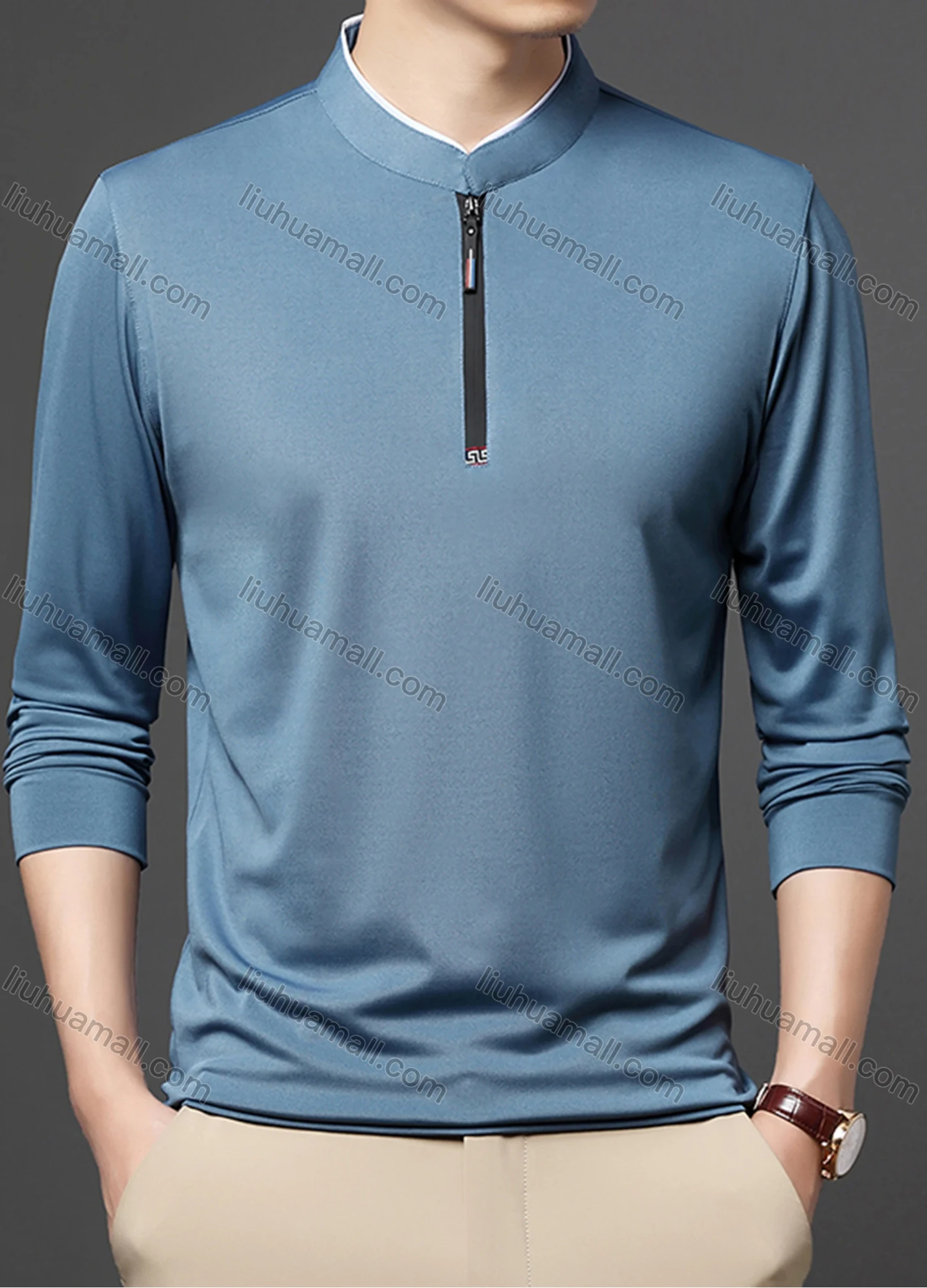 Wholesale Men's Casual Plain Mock Neck Quarter Zip Long Sleeve Henley Shirt 2211# - Liuhuamall