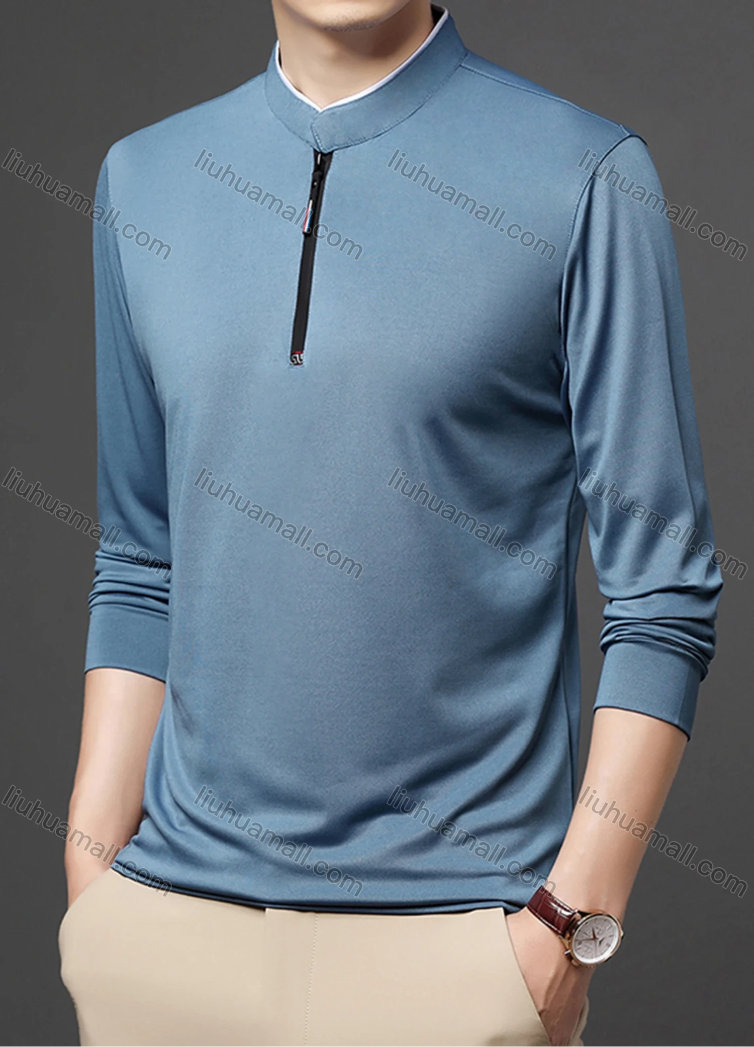 Wholesale Men's Casual Plain Mock Neck Quarter Zip Long Sleeve Henley Shirt 2211# - Liuhuamall