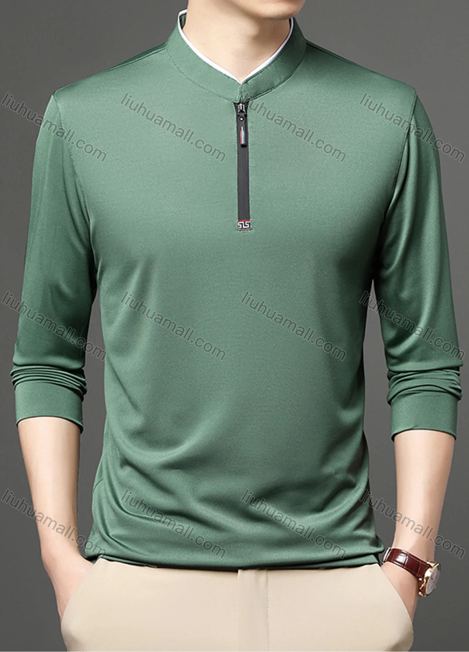 Wholesale Men's Casual Plain Mock Neck Quarter Zip Long Sleeve Henley Shirt 2211# - Liuhuamall