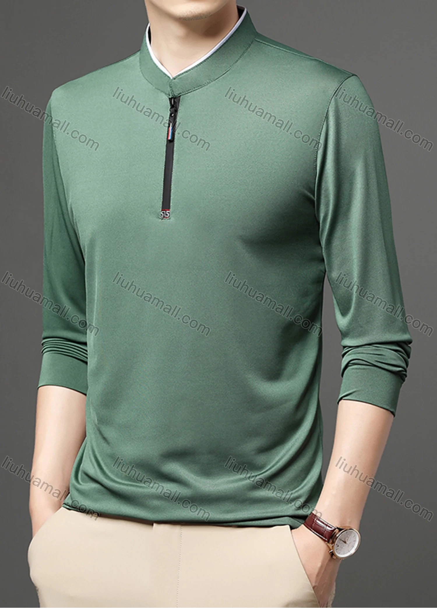 Wholesale Men's Casual Plain Mock Neck Quarter Zip Long Sleeve Henley Shirt 2211# - Liuhuamall