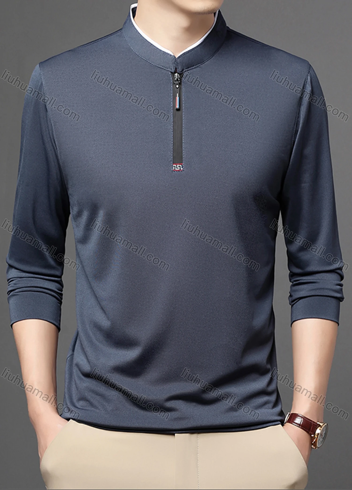 Wholesale Men's Casual Plain Mock Neck Quarter Zip Long Sleeve Henley Shirt 2211# - Liuhuamall