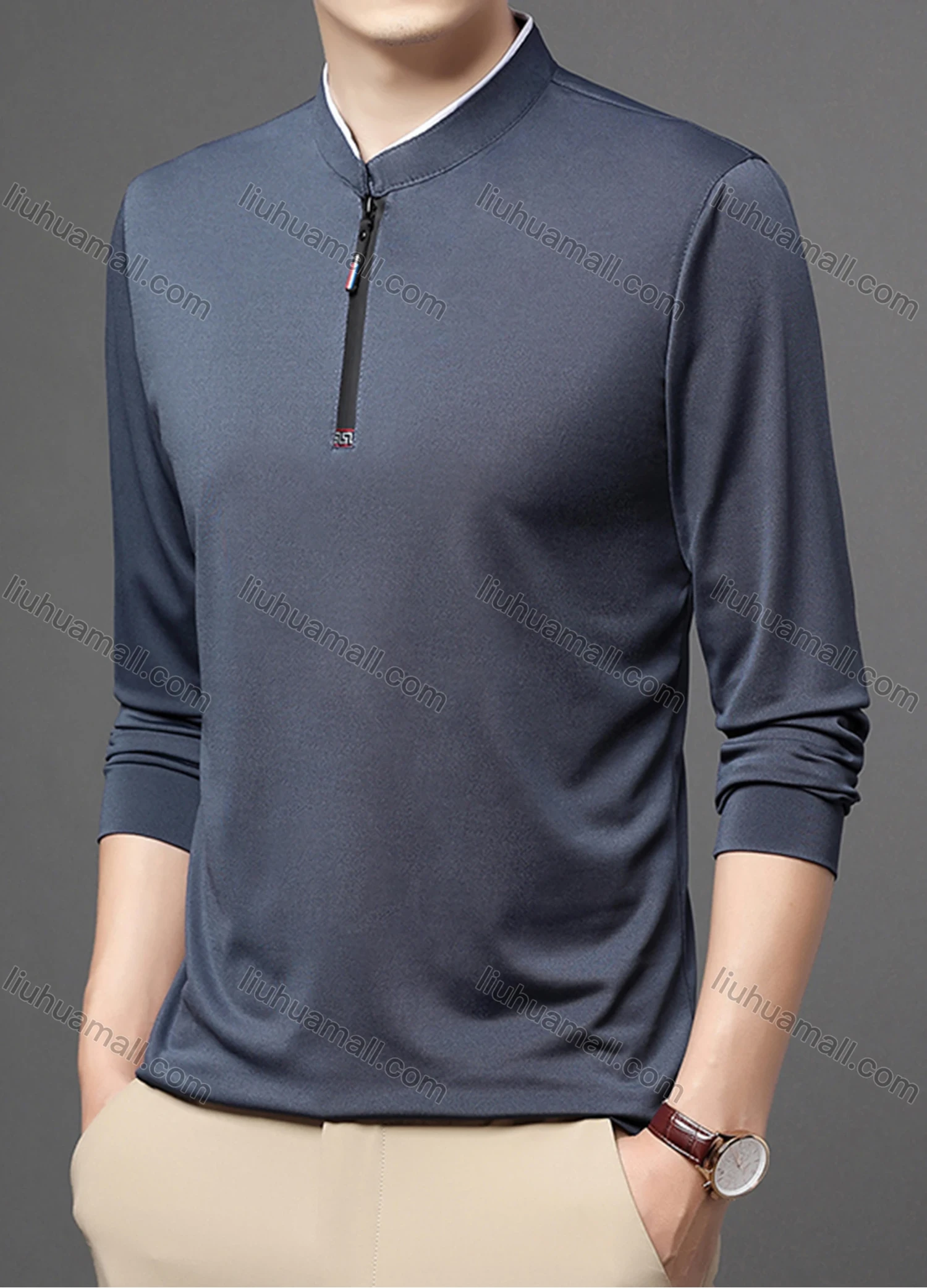 Wholesale Men's Casual Plain Mock Neck Quarter Zip Long Sleeve Henley Shirt 2211# - Liuhuamall
