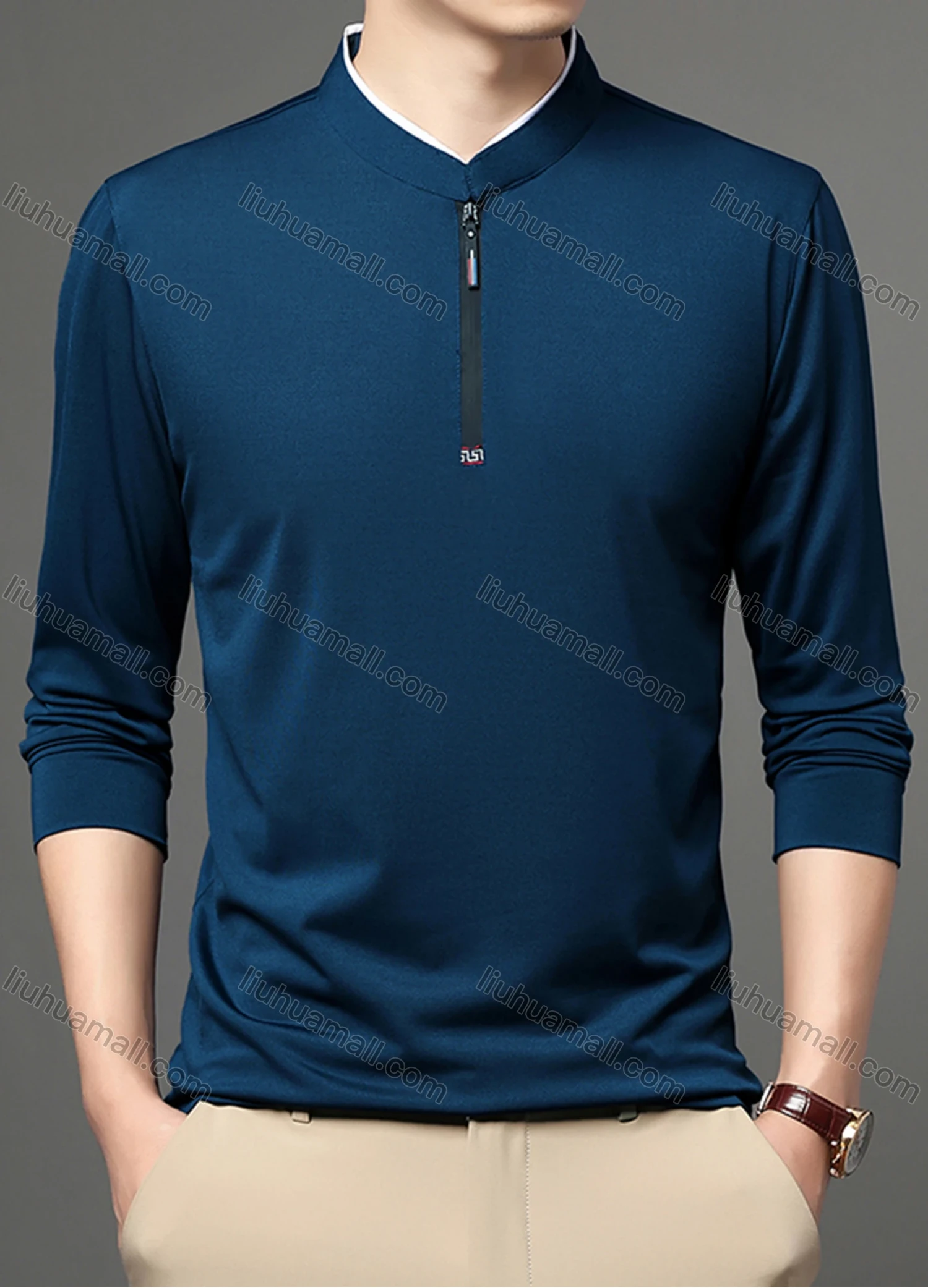 Wholesale Men's Casual Plain Mock Neck Quarter Zip Long Sleeve Henley Shirt 2211# - Liuhuamall