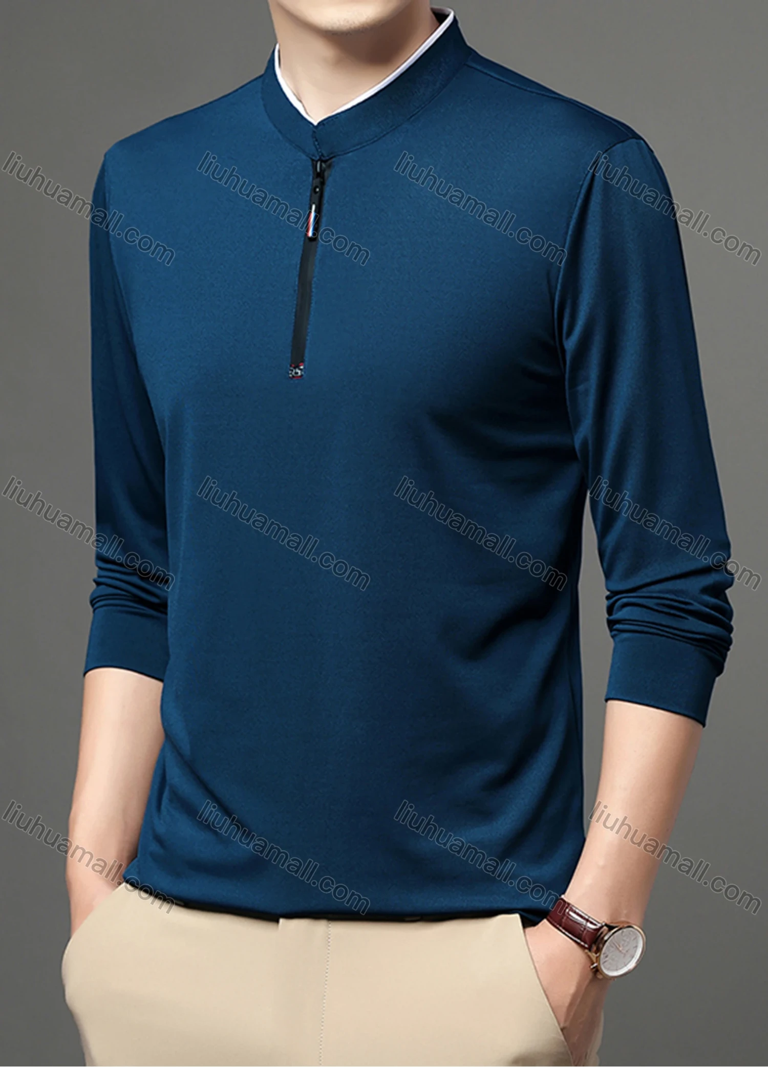 Wholesale Men's Casual Plain Mock Neck Quarter Zip Long Sleeve Henley Shirt 2211# - Liuhuamall