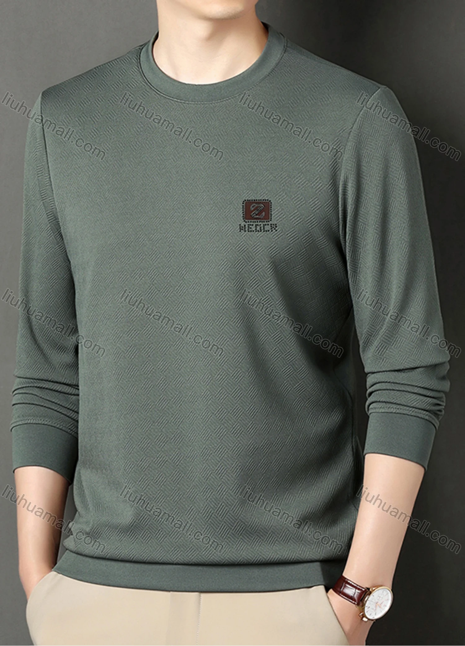 Wholesale Men's Casual Plain Basics Round Neck Long Sleeve Pullover Sweatshirt 2525# - Liuhuamall