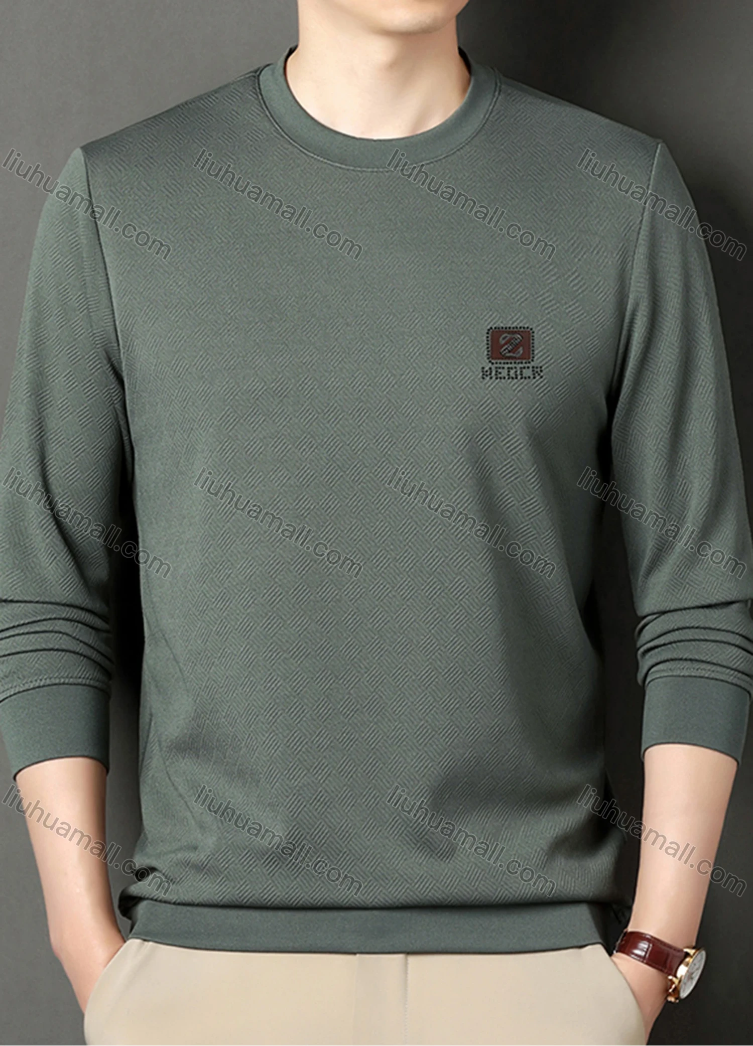 Wholesale Men's Casual Plain Basics Round Neck Long Sleeve Pullover Sweatshirt 2525# - Liuhuamall