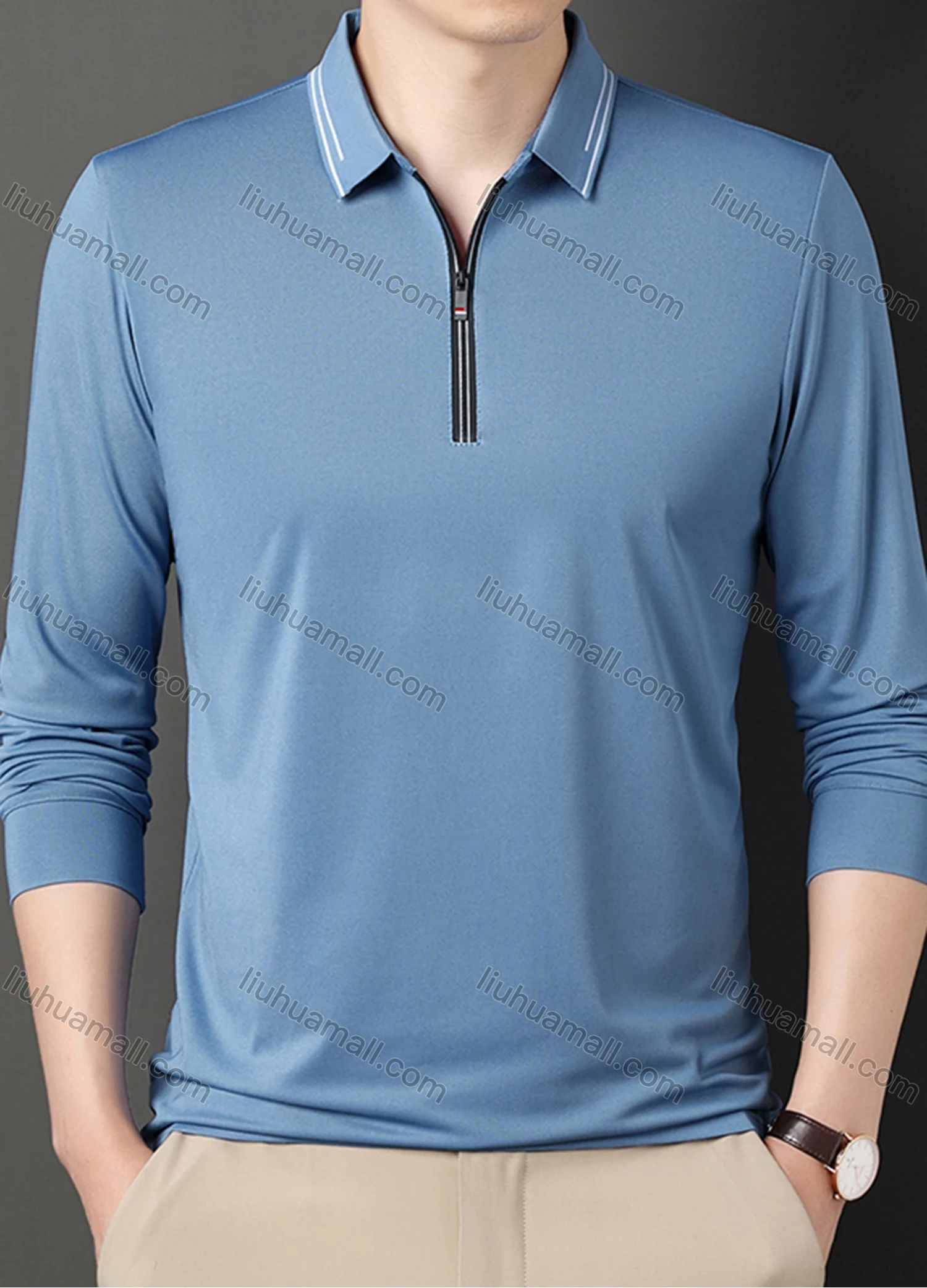 Wholesale Men's Casual Plain Collared Quarter Zip Striped Trim Long Sleeve Henley Shirt 6621# - Liuhuamall