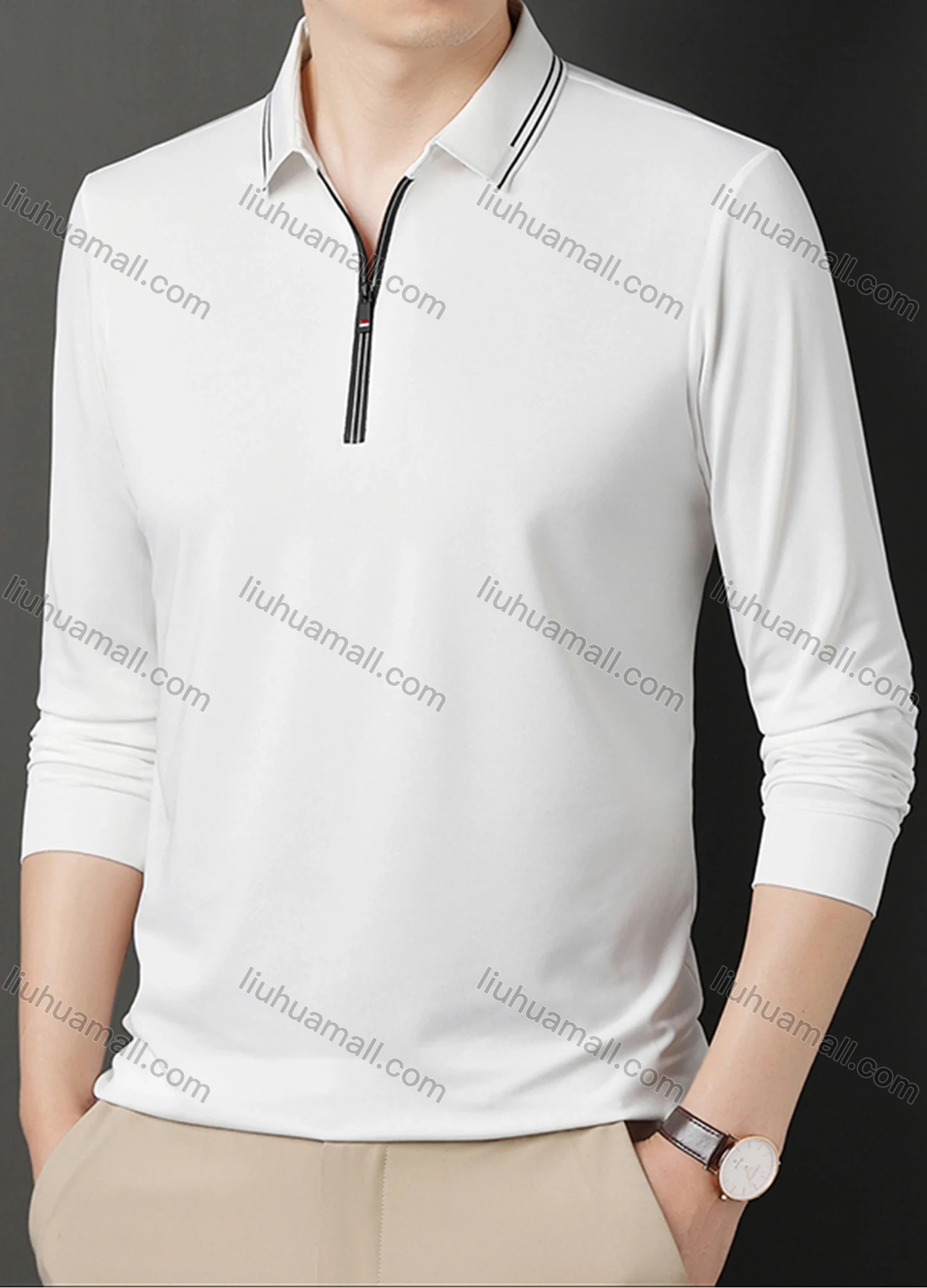 Wholesale Men's Casual Plain Collared Quarter Zip Striped Trim Long Sleeve Henley Shirt 6621# - Liuhuamall