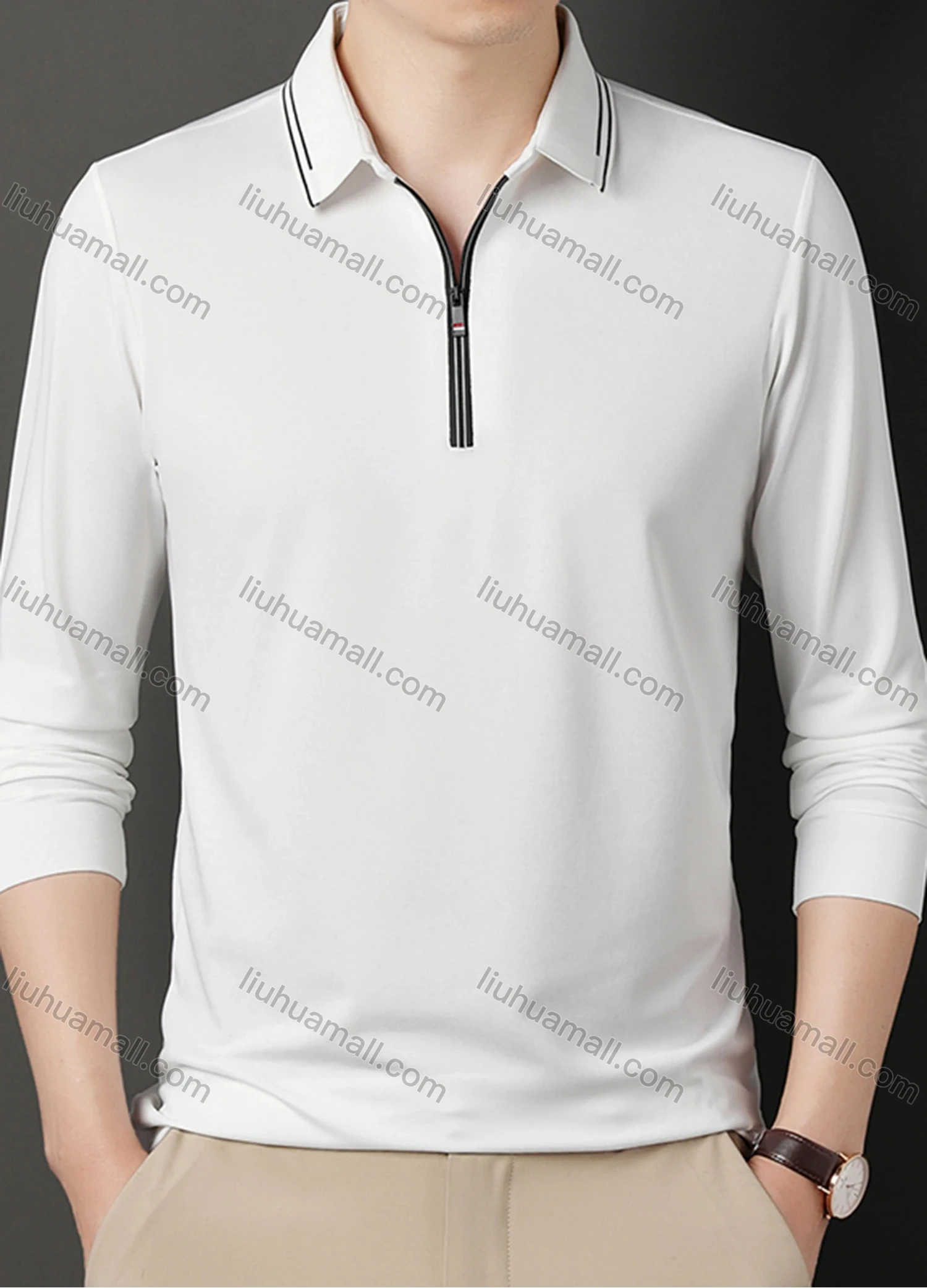 Wholesale Men's Casual Plain Collared Quarter Zip Striped Trim Long Sleeve Henley Shirt 6621# - Liuhuamall