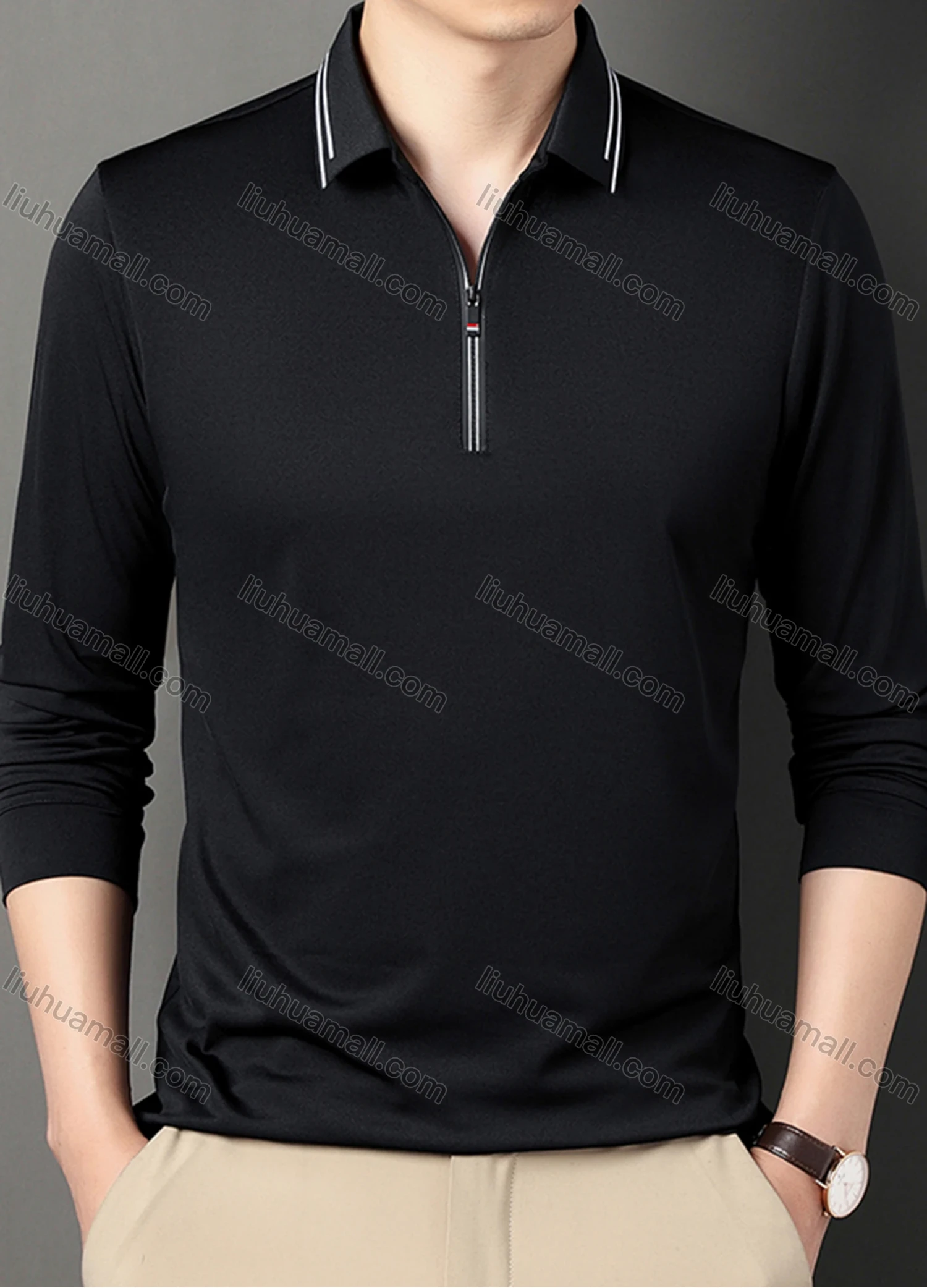 Wholesale Men's Casual Plain Collared Quarter Zip Striped Trim Long Sleeve Henley Shirt 6621# - Liuhuamall