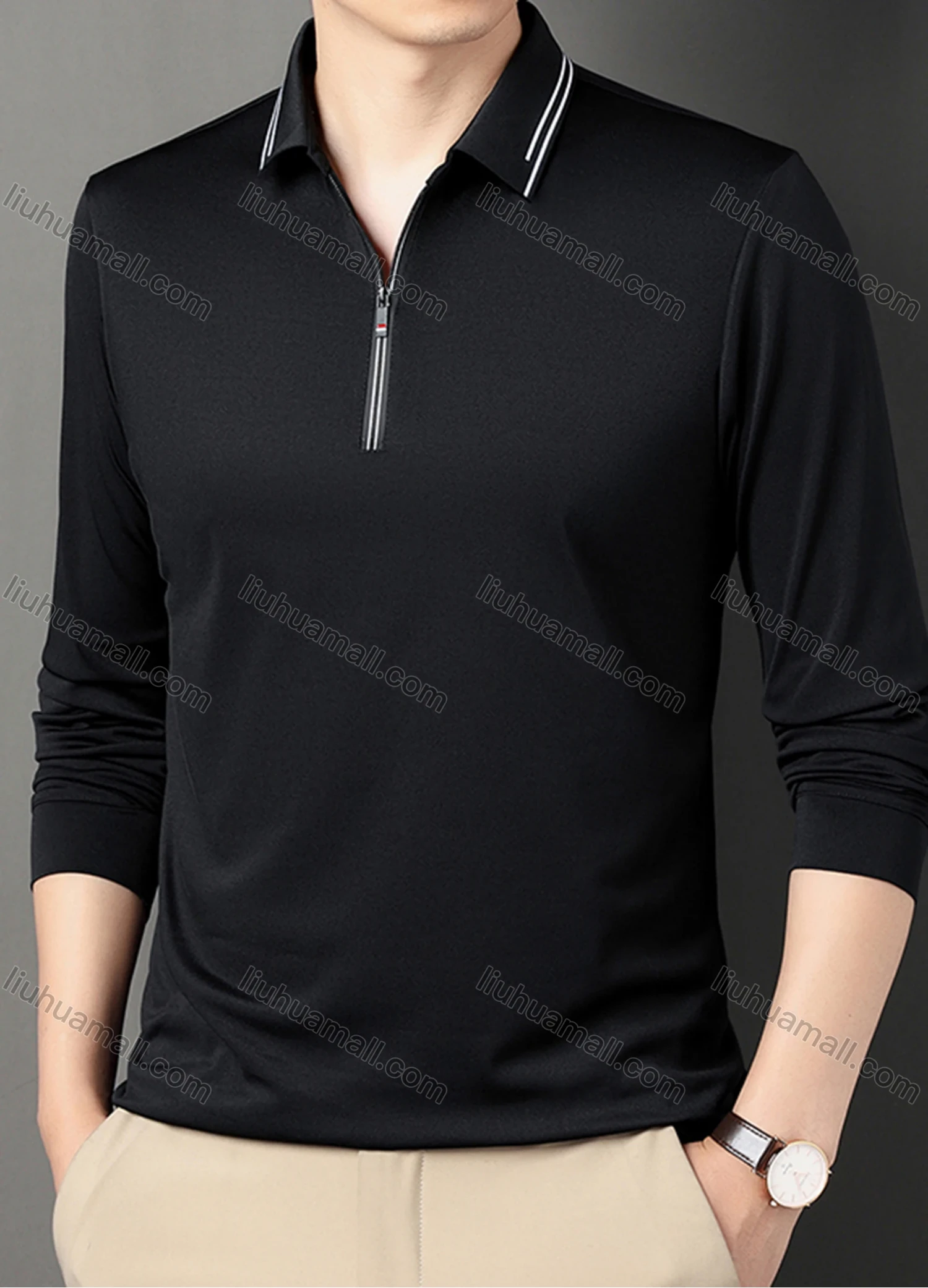 Wholesale Men's Casual Plain Collared Quarter Zip Striped Trim Long Sleeve Henley Shirt 6621# - Liuhuamall