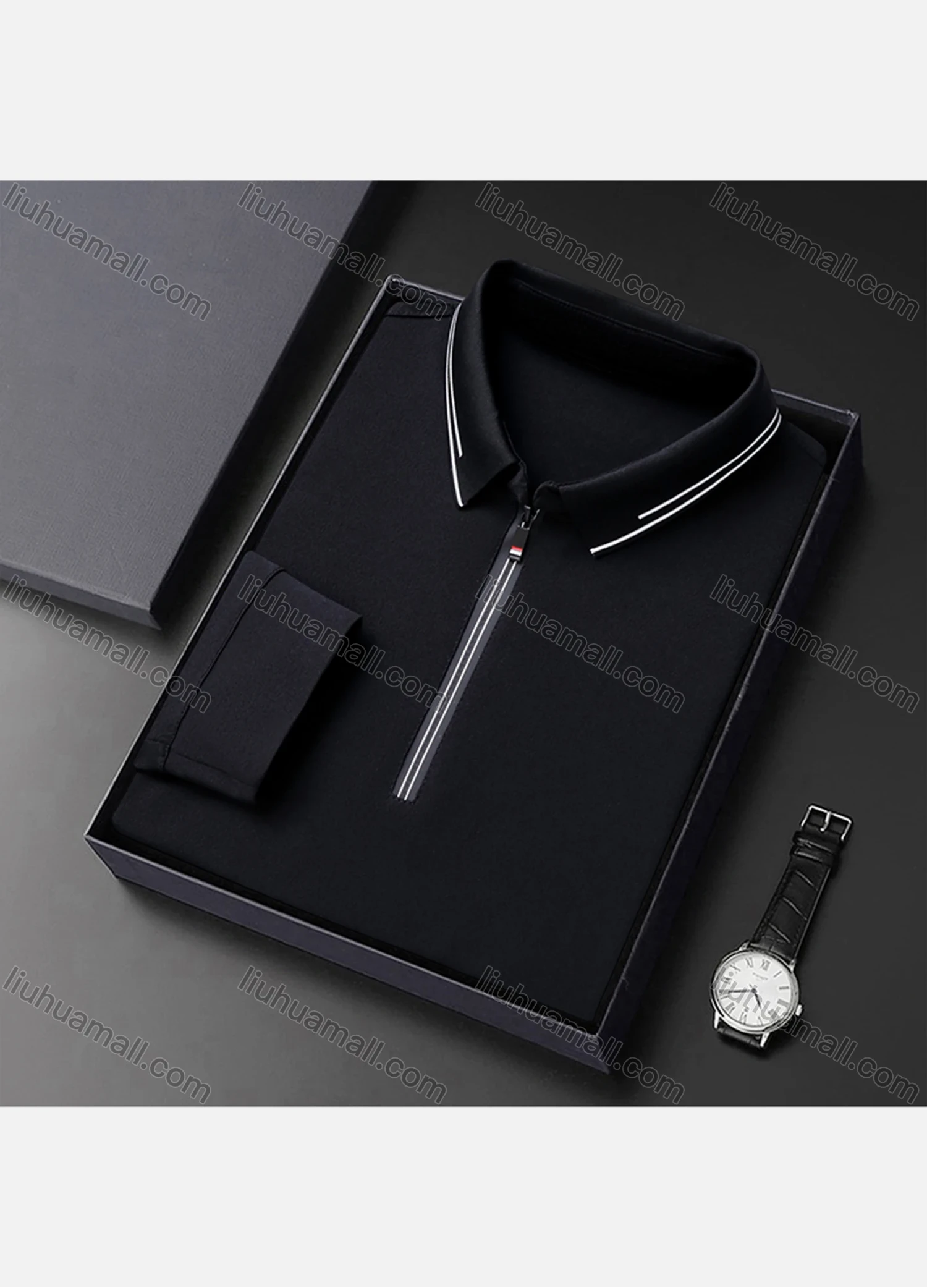 Wholesale Men's Casual Plain Collared Quarter Zip Striped Trim Long Sleeve Henley Shirt 6621# - Liuhuamall