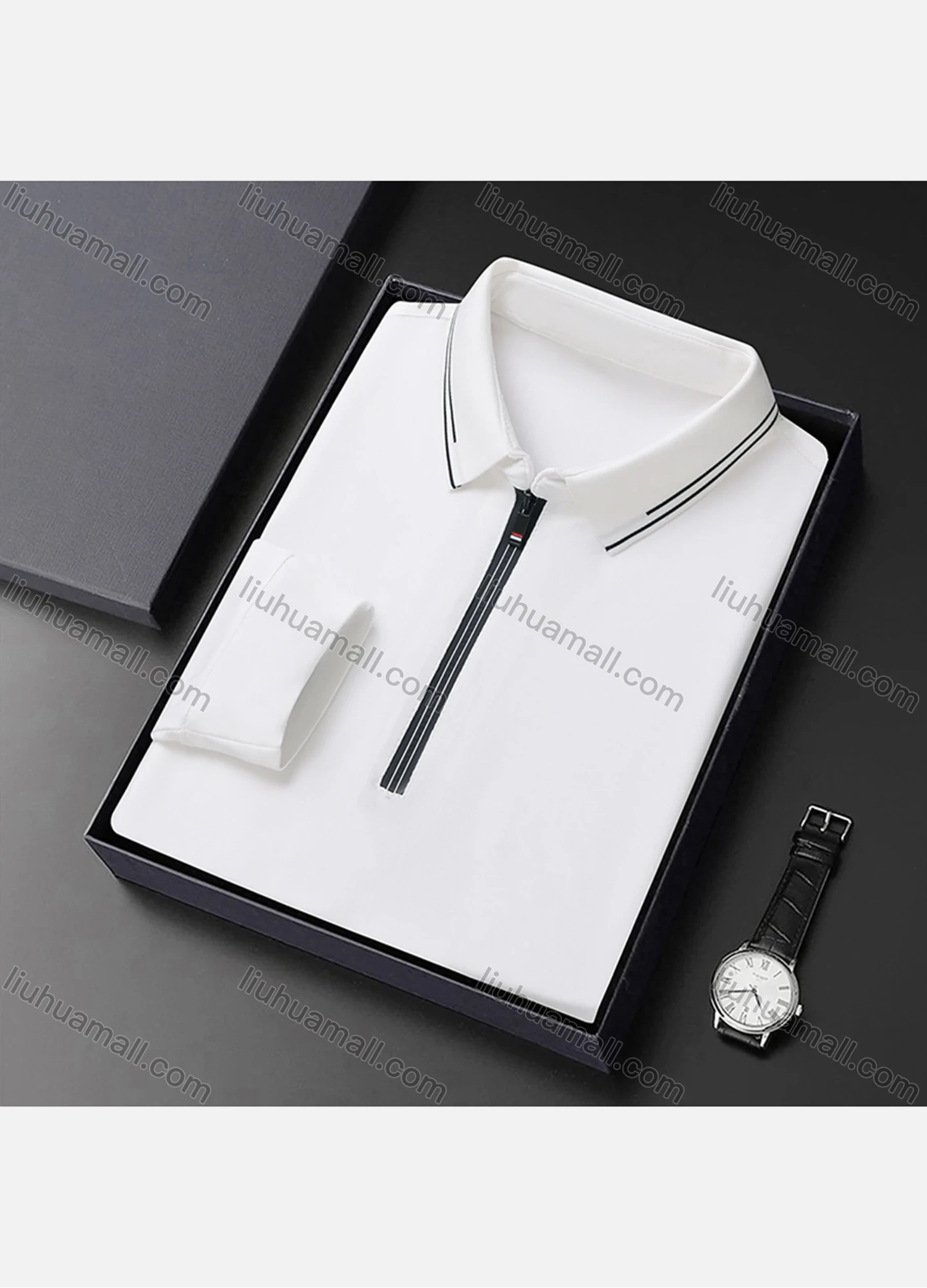 Wholesale Men's Casual Plain Collared Quarter Zip Striped Trim Long Sleeve Henley Shirt 6621# - Liuhuamall