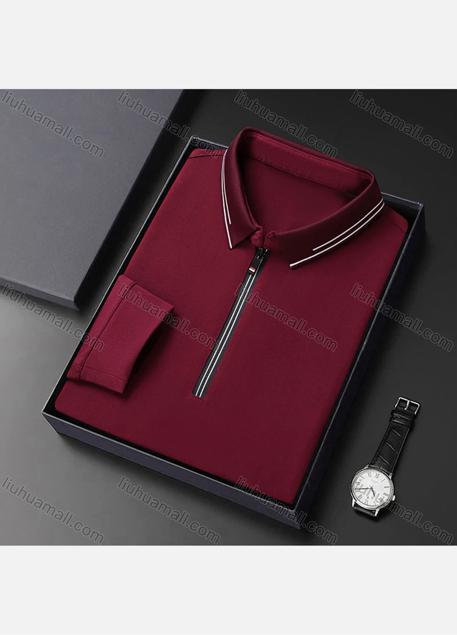Wholesale Men's Casual Plain Collared Quarter Zip Striped Trim Long Sleeve Henley Shirt 6621# - Liuhuamall