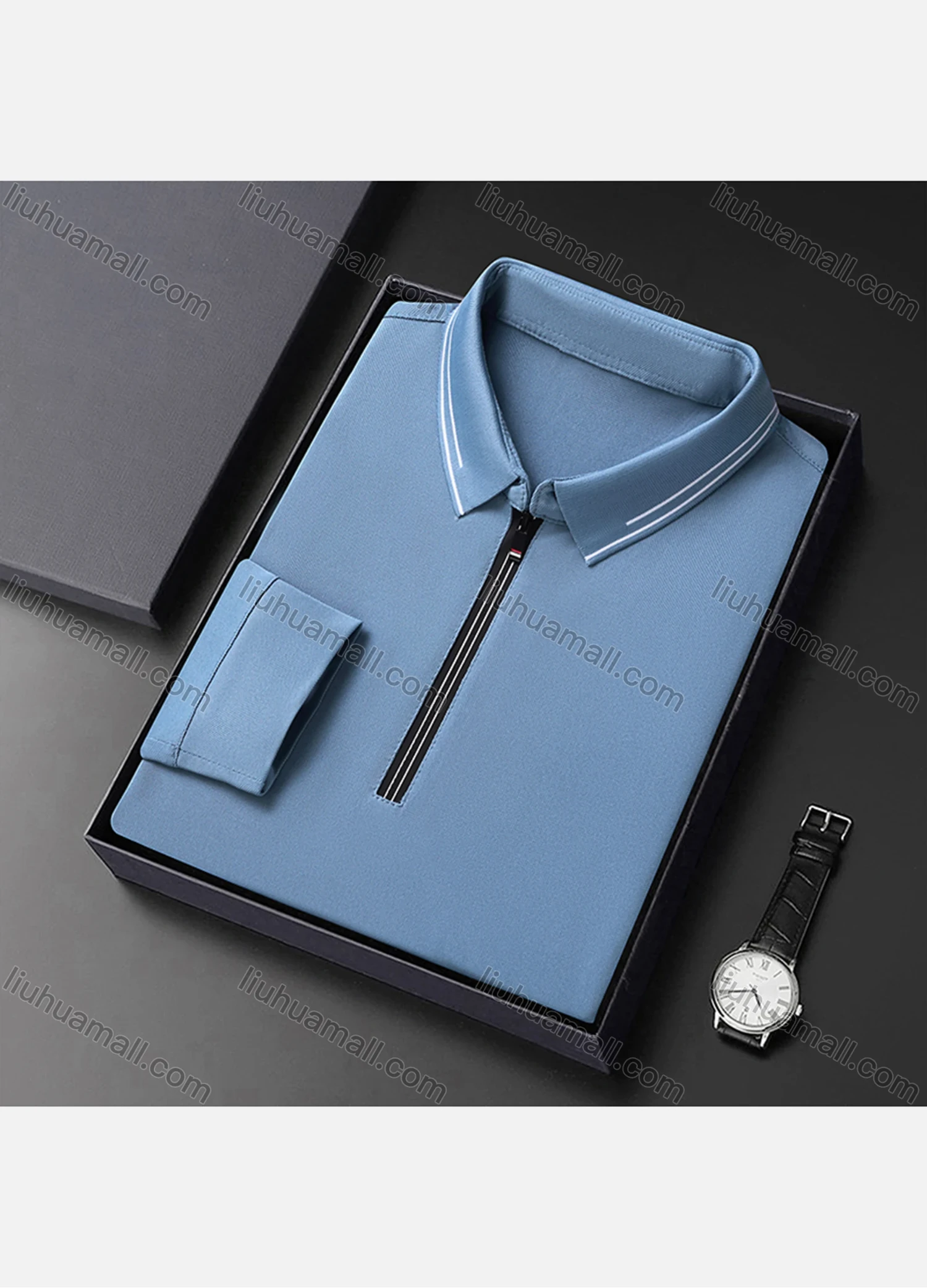 Wholesale Men's Casual Plain Collared Quarter Zip Striped Trim Long Sleeve Henley Shirt 6621# - Liuhuamall