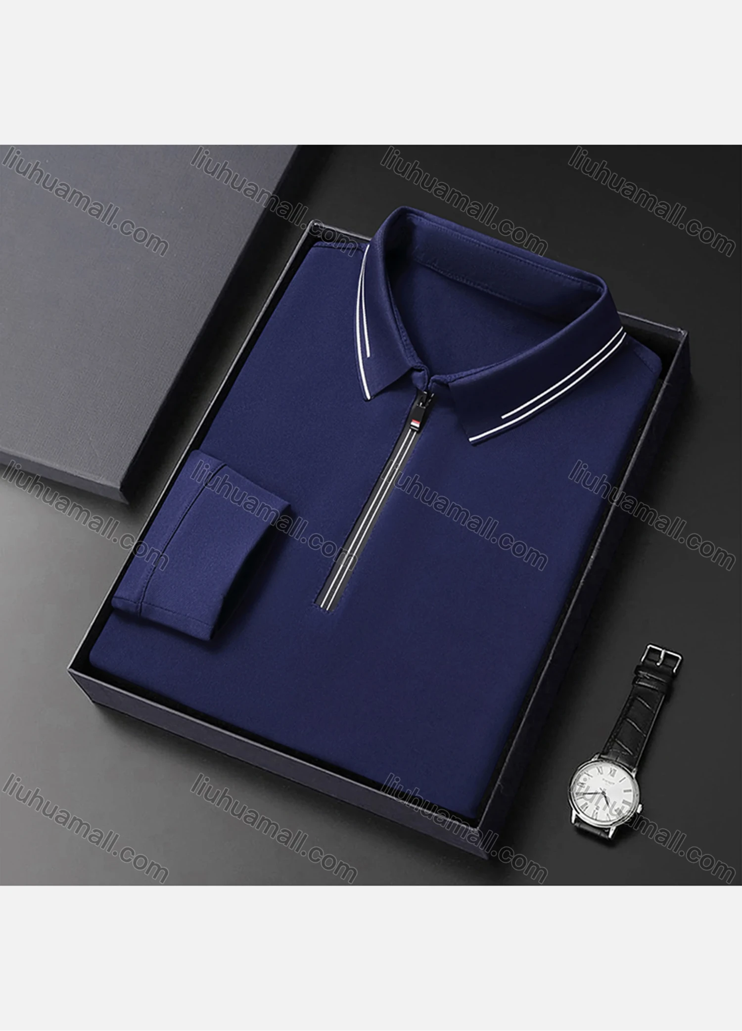 Wholesale Men's Casual Plain Collared Quarter Zip Striped Trim Long Sleeve Henley Shirt 6621# - Liuhuamall