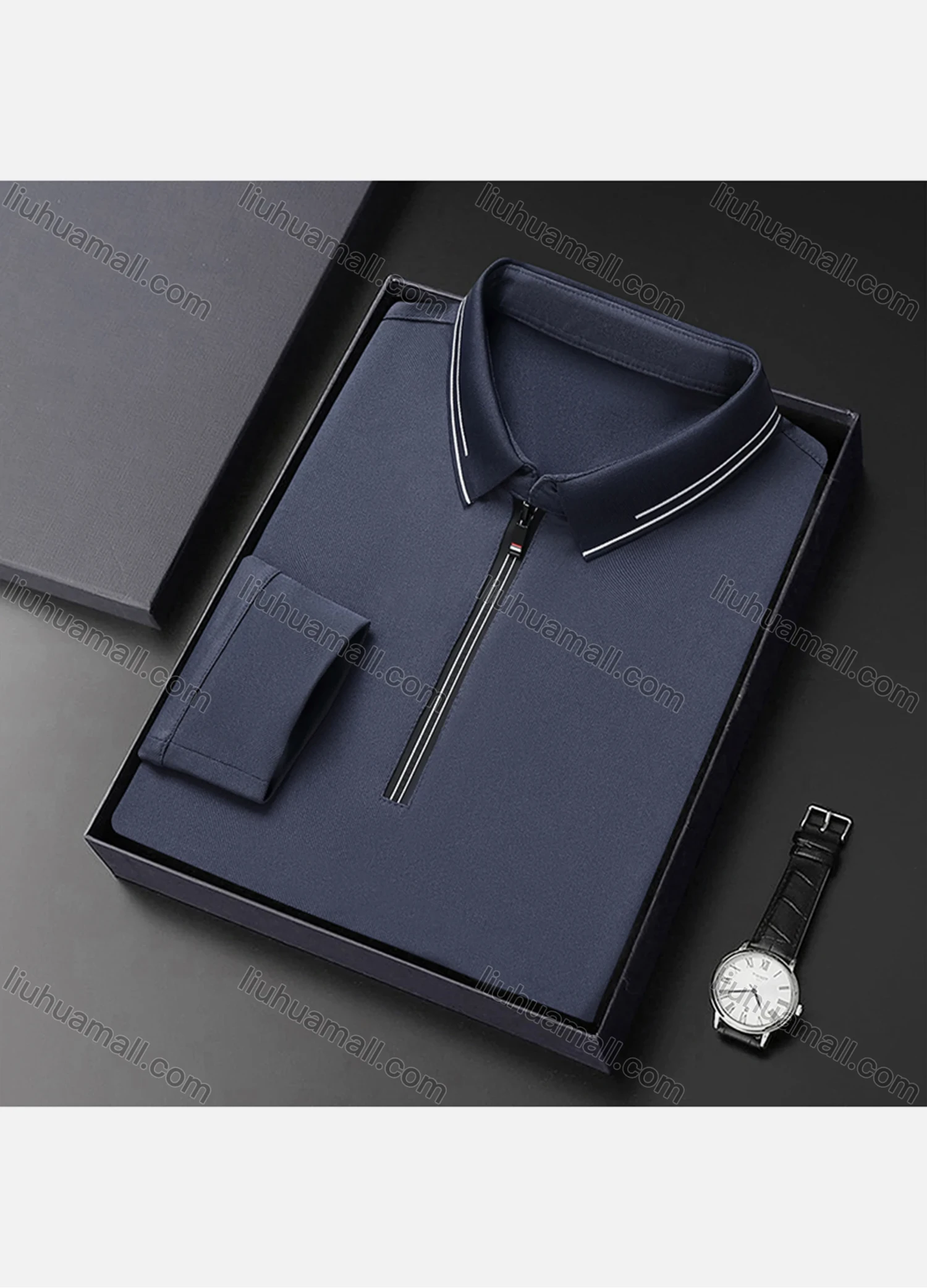 Wholesale Men's Casual Plain Collared Quarter Zip Striped Trim Long Sleeve Henley Shirt 6621# - Liuhuamall