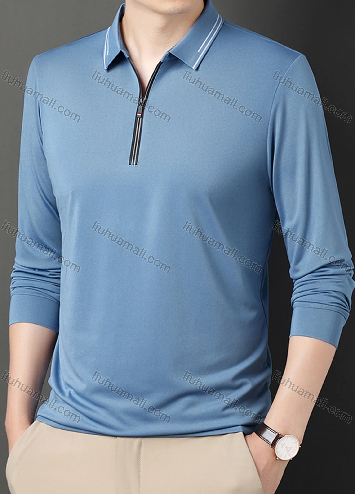 Wholesale Men's Casual Plain Collared Quarter Zip Striped Trim Long Sleeve Henley Shirt 6621# - Liuhuamall