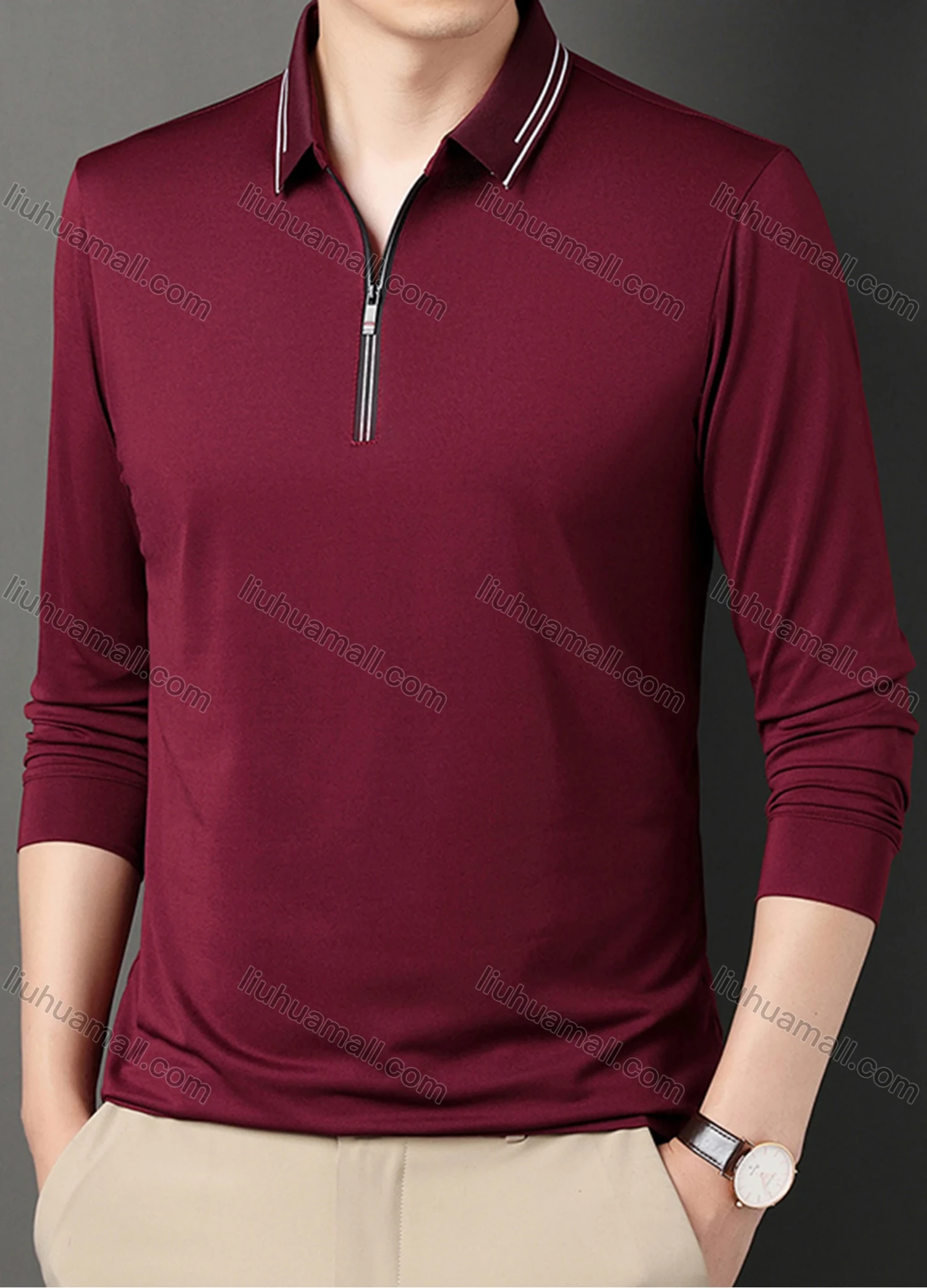 Wholesale Men's Casual Plain Collared Quarter Zip Striped Trim Long Sleeve Henley Shirt 6621# - Liuhuamall