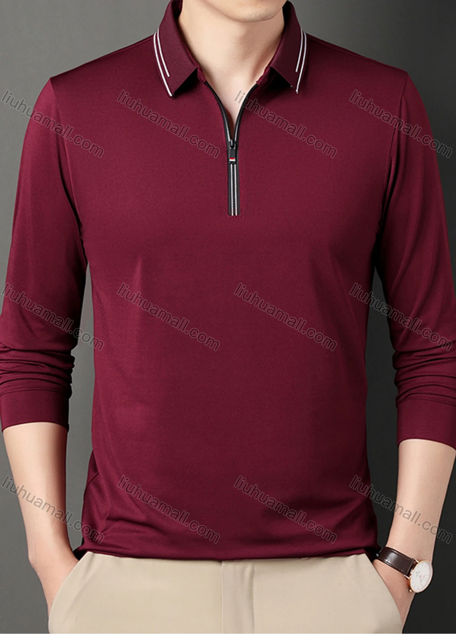 Wholesale Men's Casual Plain Collared Quarter Zip Striped Trim Long Sleeve Henley Shirt 6621# - Liuhuamall