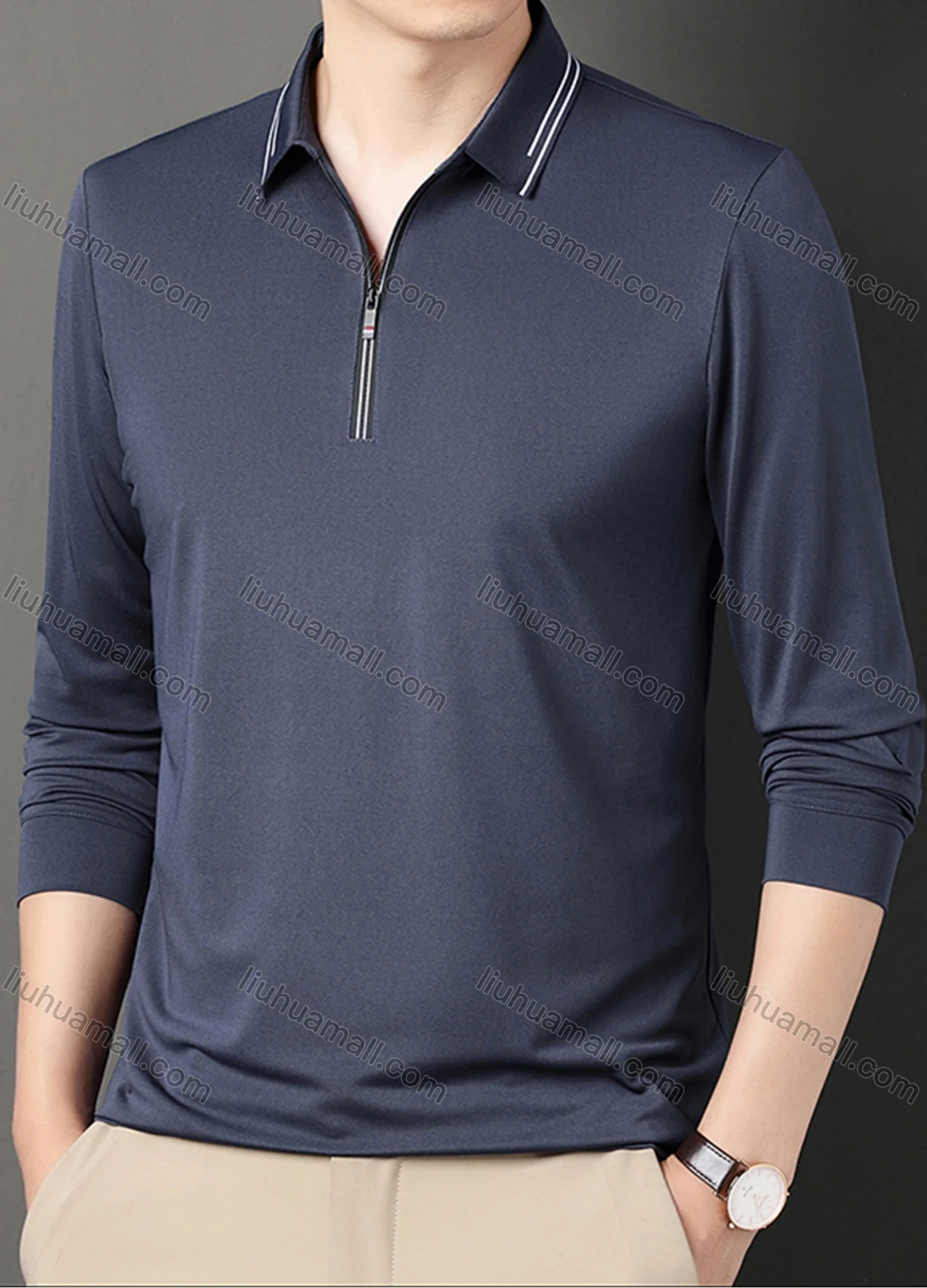 Wholesale Men's Casual Plain Collared Quarter Zip Striped Trim Long Sleeve Henley Shirt 6621# - Liuhuamall