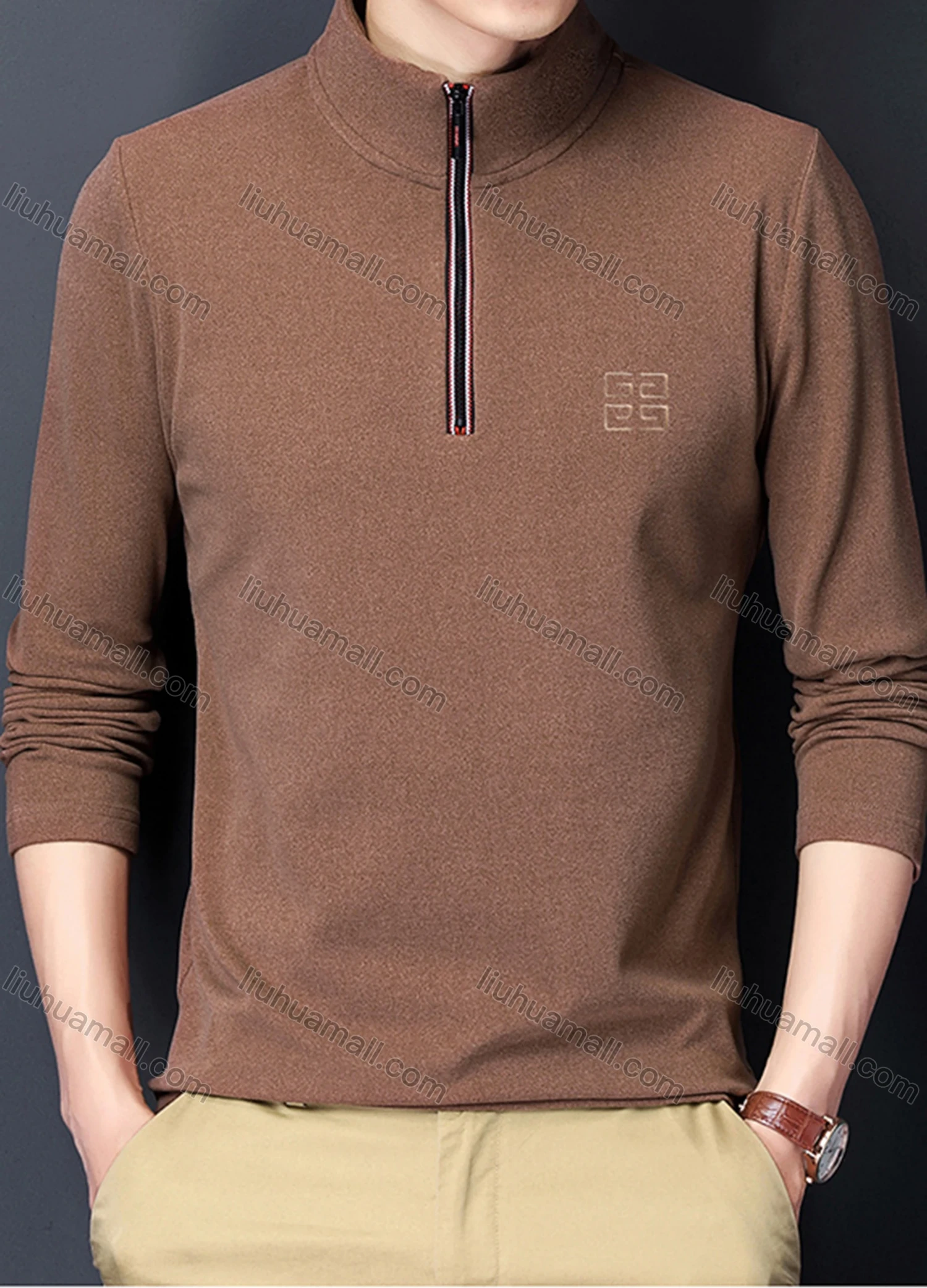 Wholesale Men's Casual Plain Stand Collar Quarter Zip Thermal Lined Long Sleeve Henley Shirt 6806# - Liuhuamall