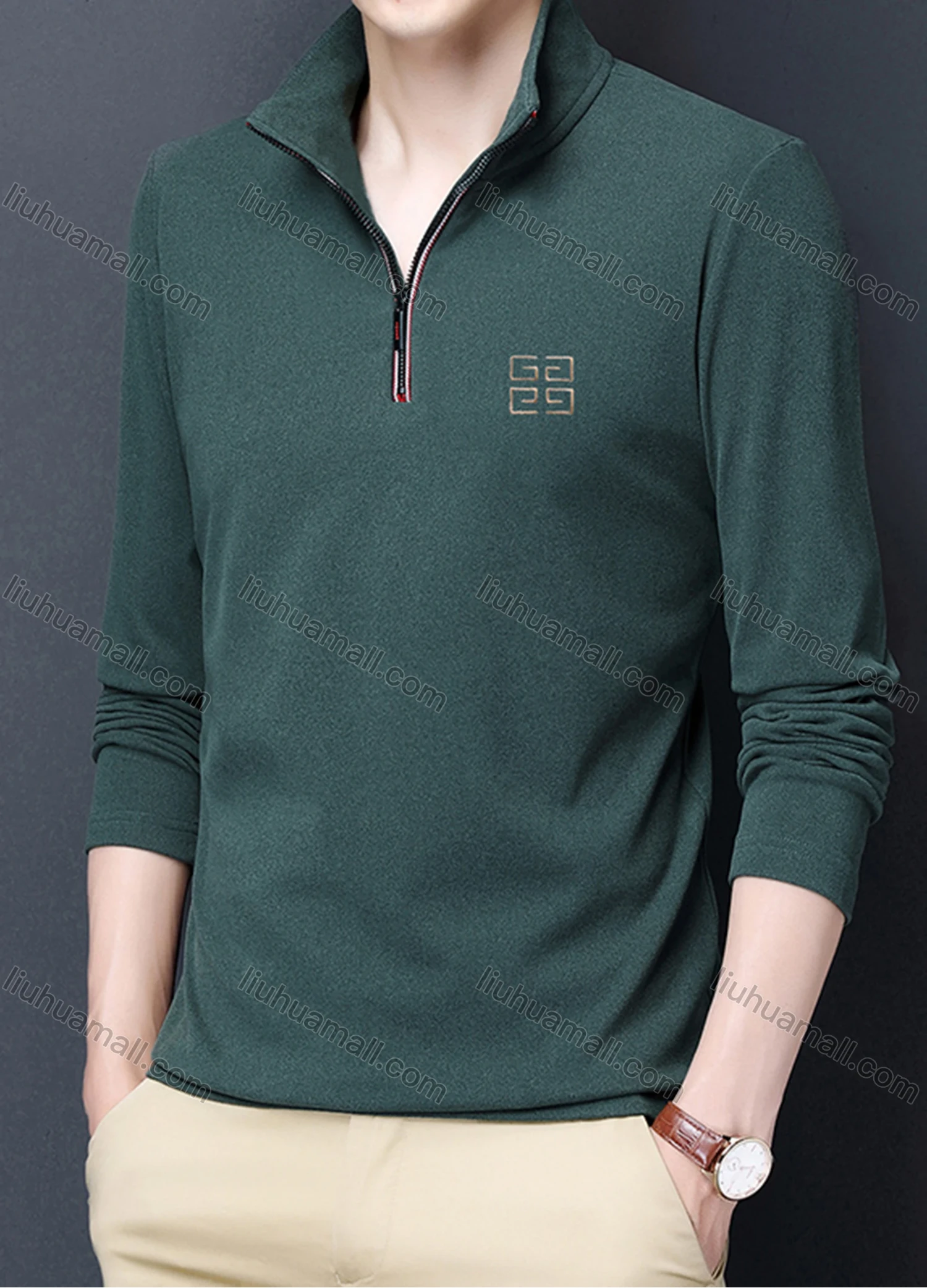 Wholesale Men's Casual Plain Stand Collar Quarter Zip Thermal Lined Long Sleeve Henley Shirt 6806# - Liuhuamall