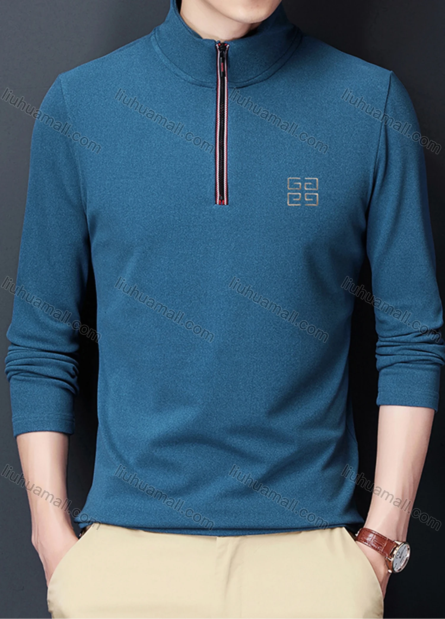 Wholesale Men's Casual Plain Stand Collar Quarter Zip Thermal Lined Long Sleeve Henley Shirt 6806# - Liuhuamall