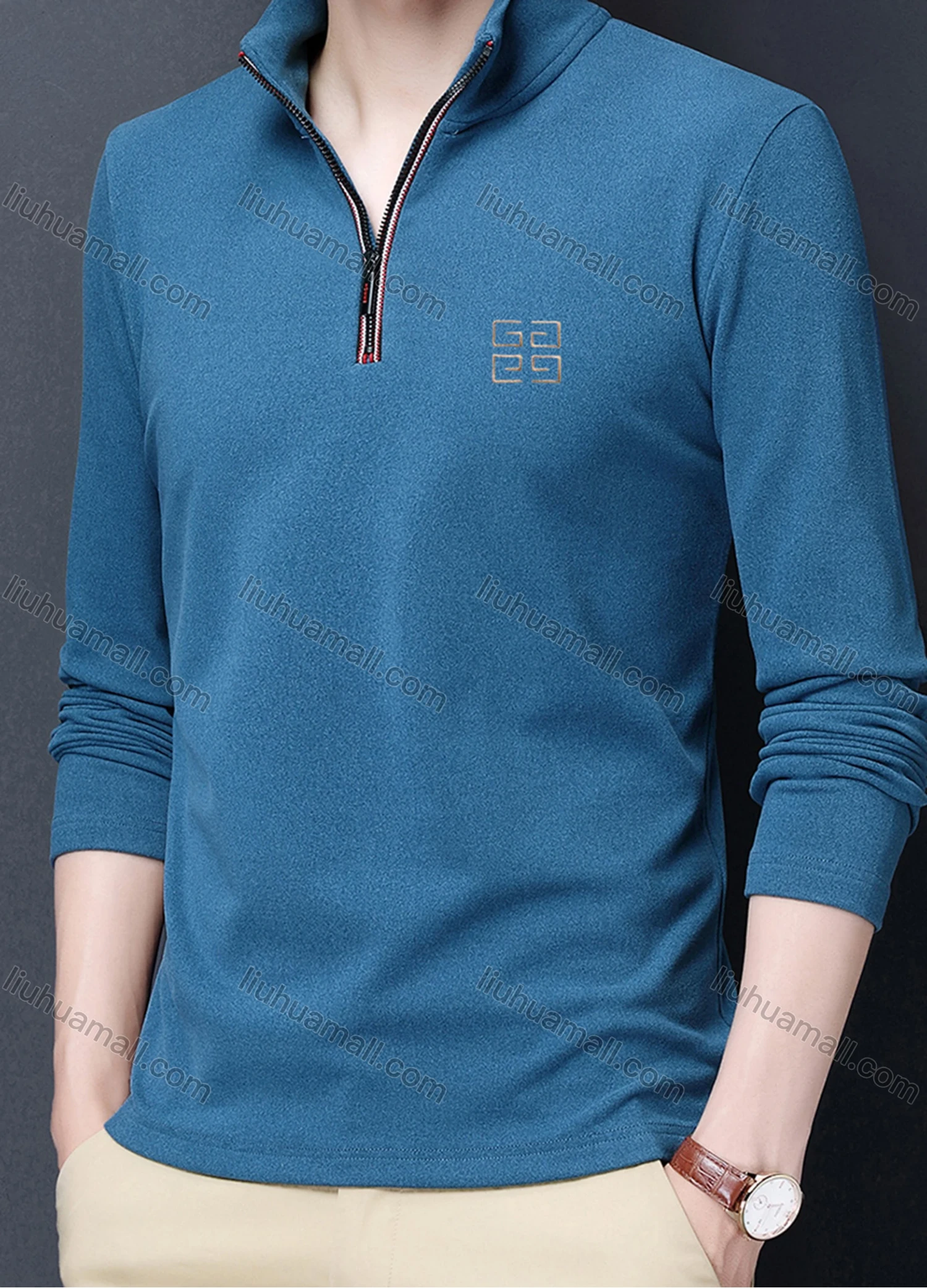 Wholesale Men's Casual Plain Stand Collar Quarter Zip Thermal Lined Long Sleeve Henley Shirt 6806# - Liuhuamall