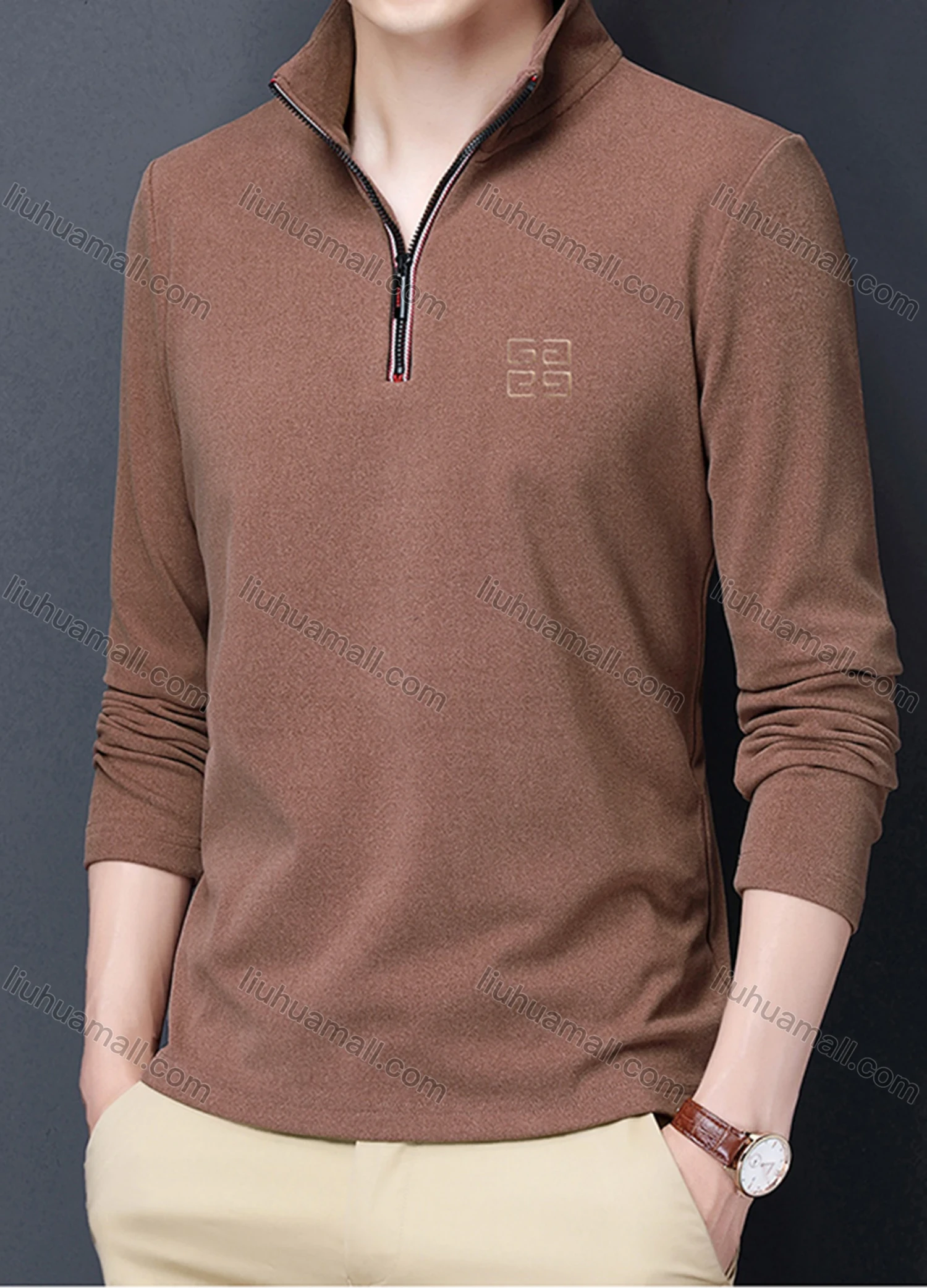 Wholesale Men's Casual Plain Stand Collar Quarter Zip Thermal Lined Long Sleeve Henley Shirt 6806# - Liuhuamall