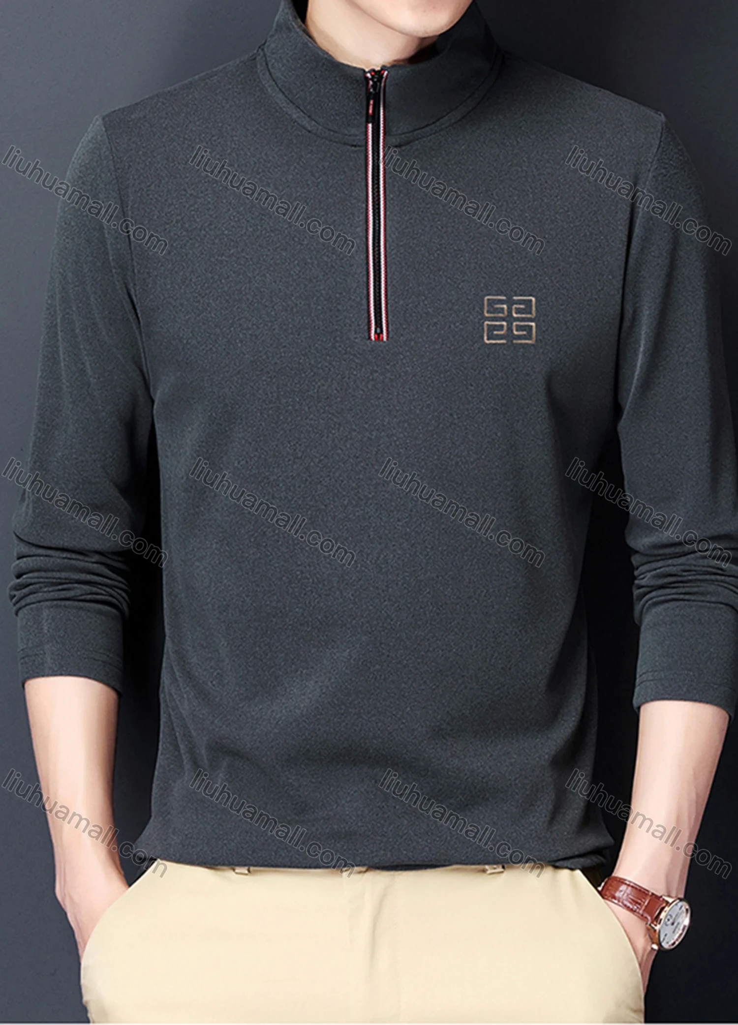 Wholesale Men's Casual Plain Stand Collar Quarter Zip Thermal Lined Long Sleeve Henley Shirt 6806# - Liuhuamall