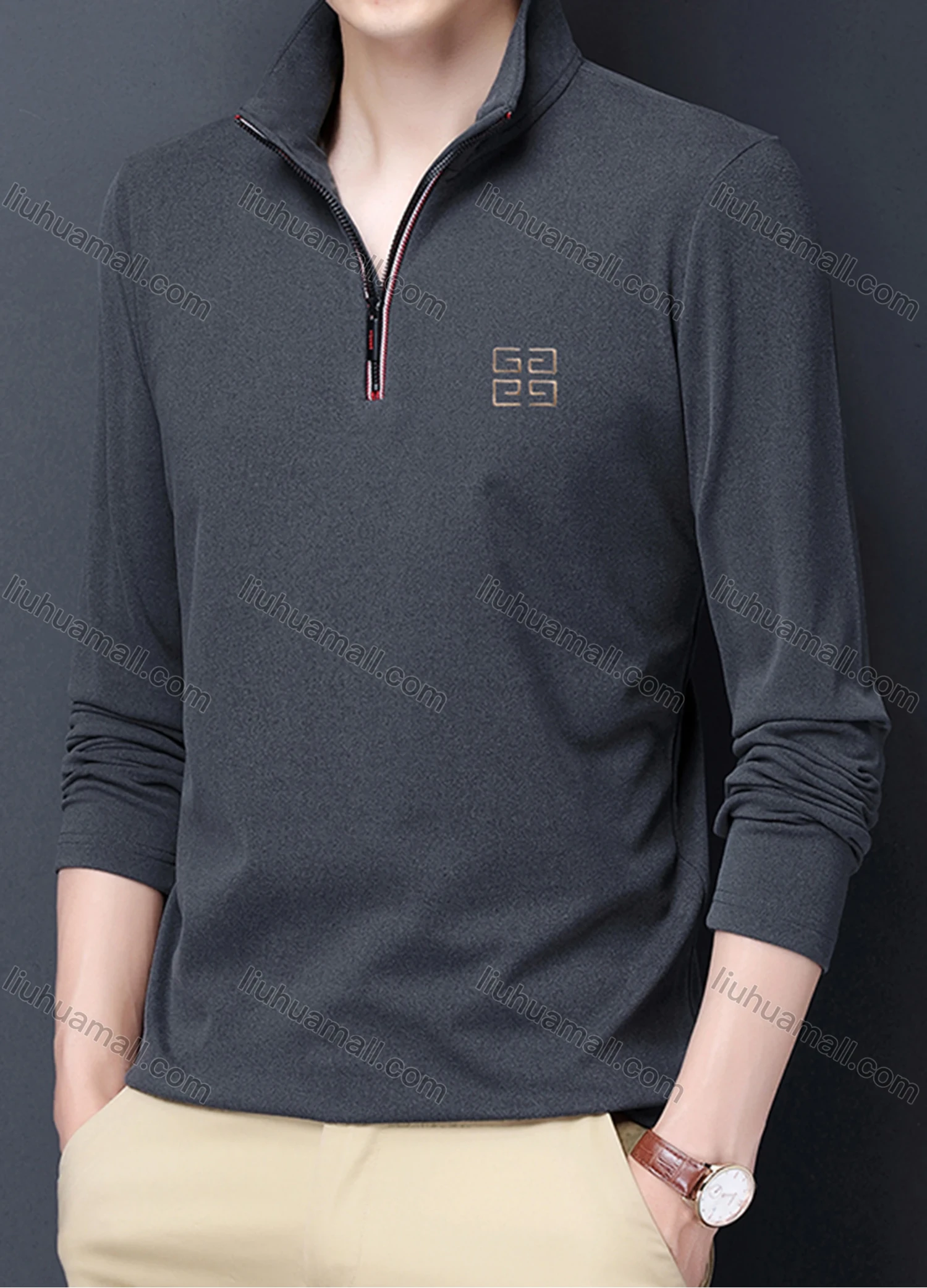 Wholesale Men's Casual Plain Stand Collar Quarter Zip Thermal Lined Long Sleeve Henley Shirt 6806# - Liuhuamall
