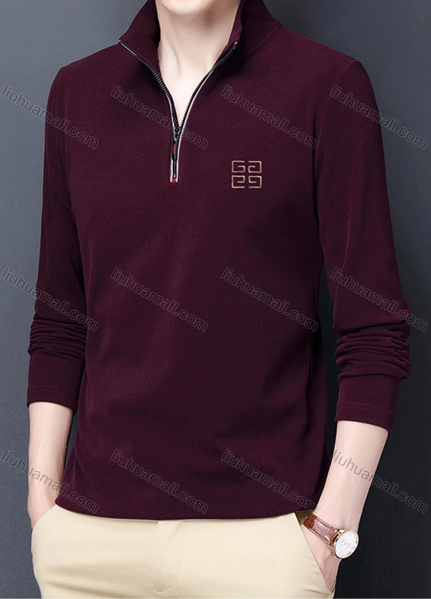 Wholesale Men's Casual Plain Stand Collar Quarter Zip Thermal Lined Long Sleeve Henley Shirt 6806# - Liuhuamall