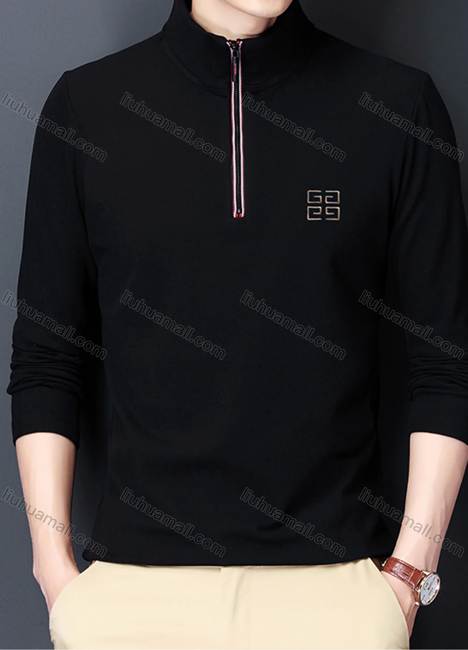 Wholesale Men's Casual Plain Stand Collar Quarter Zip Thermal Lined Long Sleeve Henley Shirt 6806# - Liuhuamall