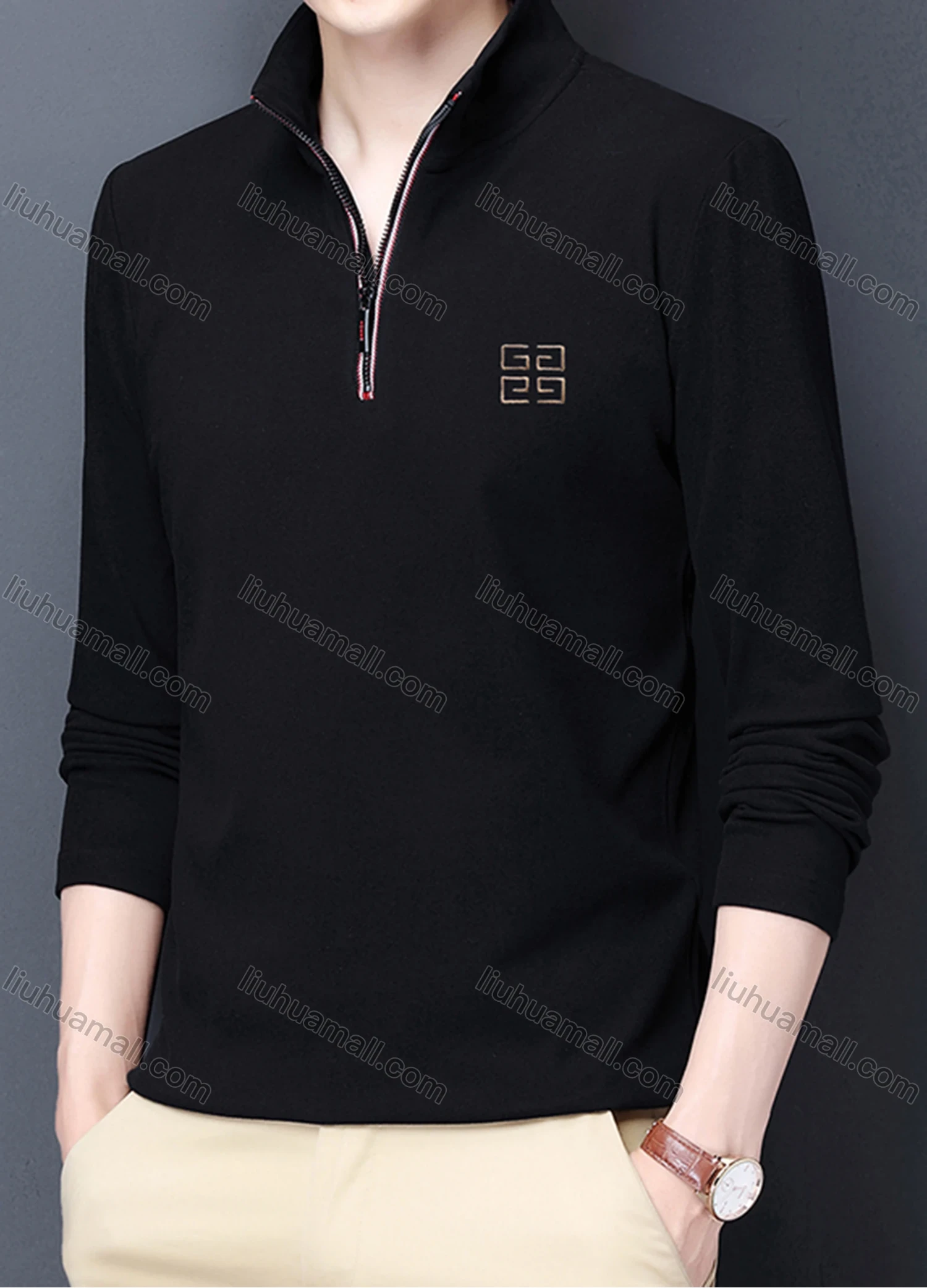 Wholesale Men's Casual Plain Stand Collar Quarter Zip Thermal Lined Long Sleeve Henley Shirt 6806# - Liuhuamall