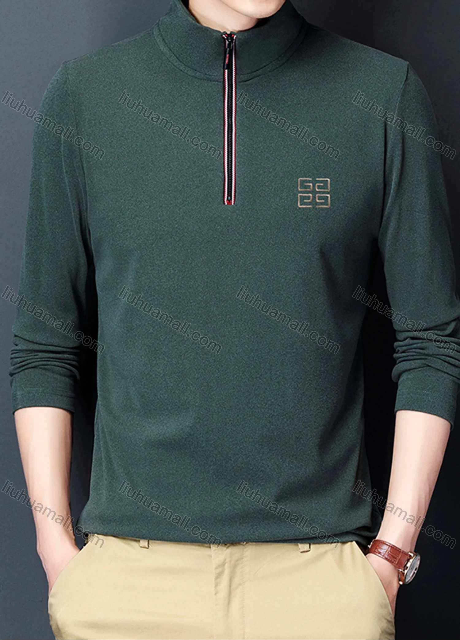 Wholesale Men's Casual Plain Stand Collar Quarter Zip Thermal Lined Long Sleeve Henley Shirt 6806# - Liuhuamall