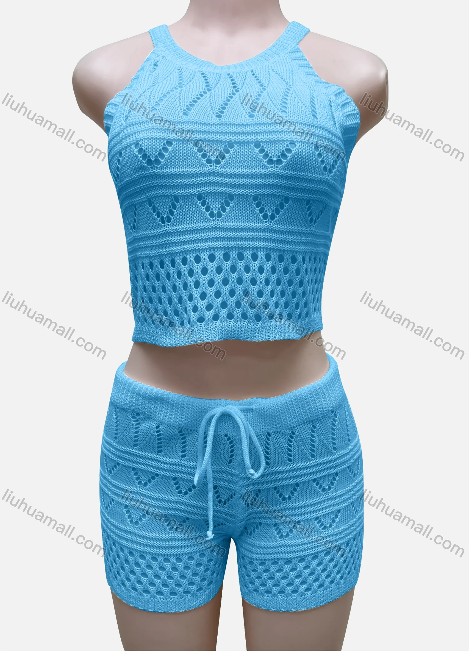 Wholesale Women's Vacation Plain Hollow Out Halter Crop Top & Drawstring Shorts Cover Up 2 Piece Set 80251# - Liuhuamall