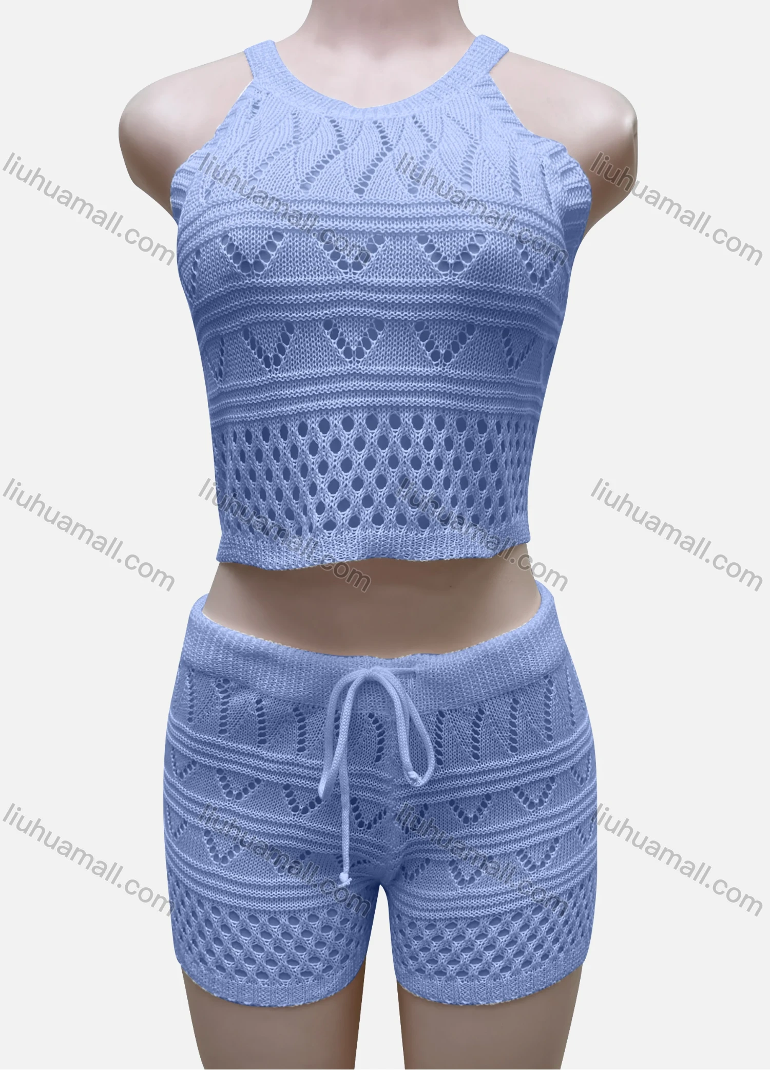 Wholesale Women's Vacation Plain Hollow Out Halter Crop Top & Drawstring Shorts Cover Up 2 Piece Set 80251# - Liuhuamall