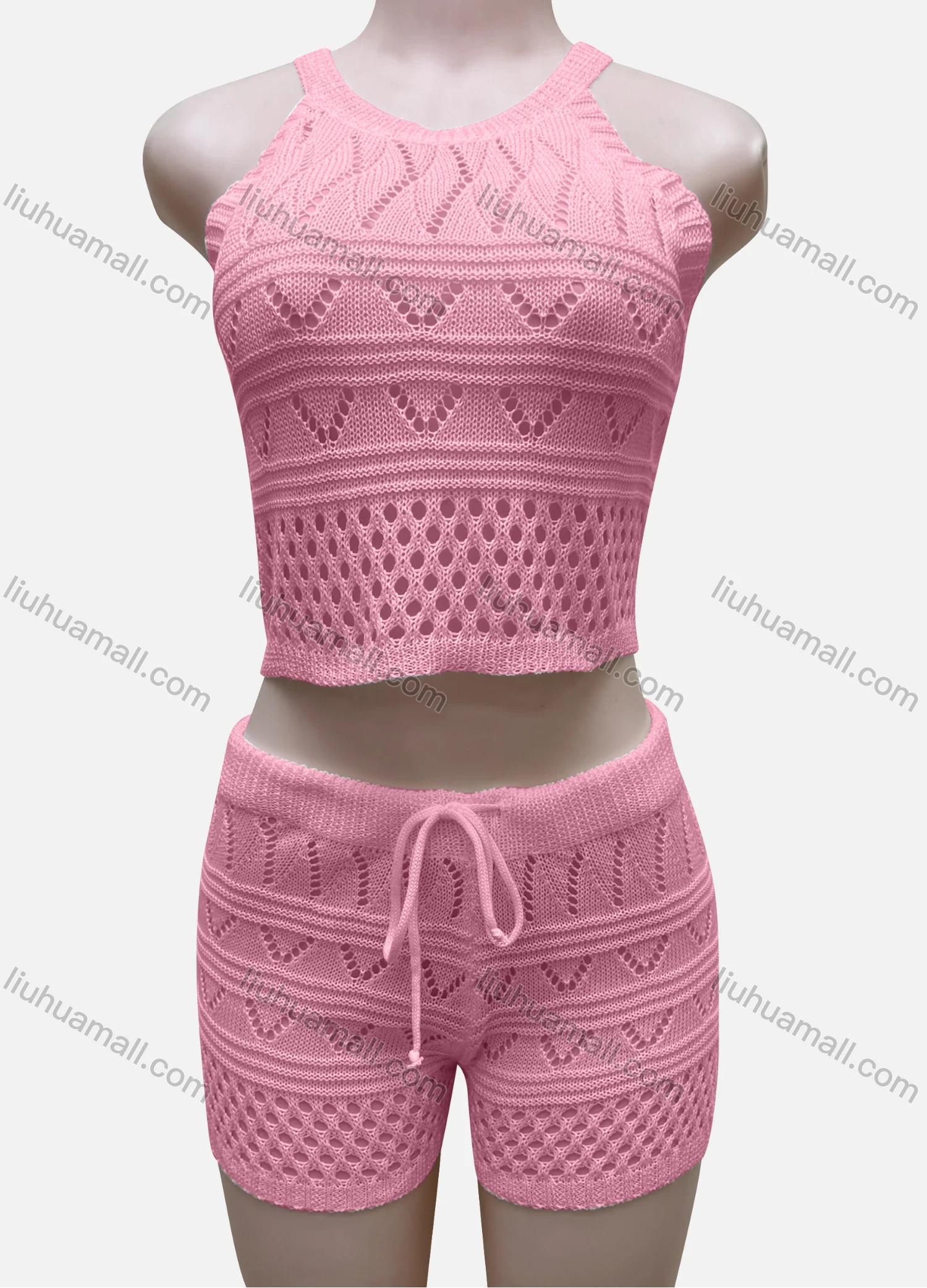 Wholesale Women's Vacation Plain Hollow Out Halter Crop Top & Drawstring Shorts Cover Up 2 Piece Set 80251# - Liuhuamall