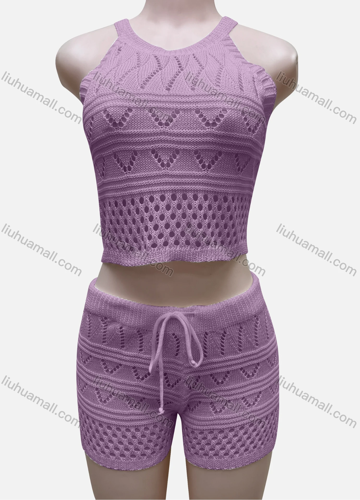 Wholesale Women's Vacation Plain Hollow Out Halter Crop Top & Drawstring Shorts Cover Up 2 Piece Set 80251# - Liuhuamall