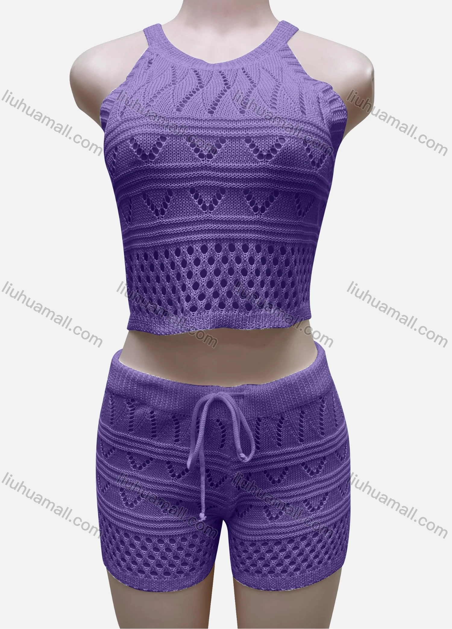 Wholesale Women's Vacation Plain Hollow Out Halter Crop Top & Drawstring Shorts Cover Up 2 Piece Set 80251# - Liuhuamall