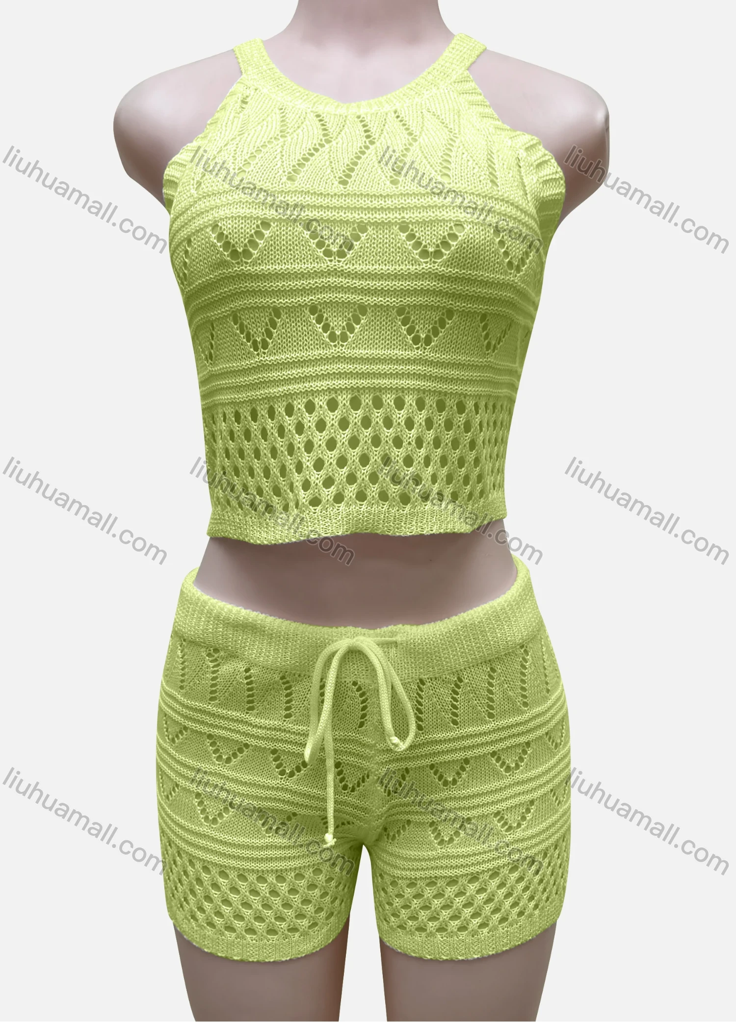 Wholesale Women's Vacation Plain Hollow Out Halter Crop Top & Drawstring Shorts Cover Up 2 Piece Set 80251# - Liuhuamall