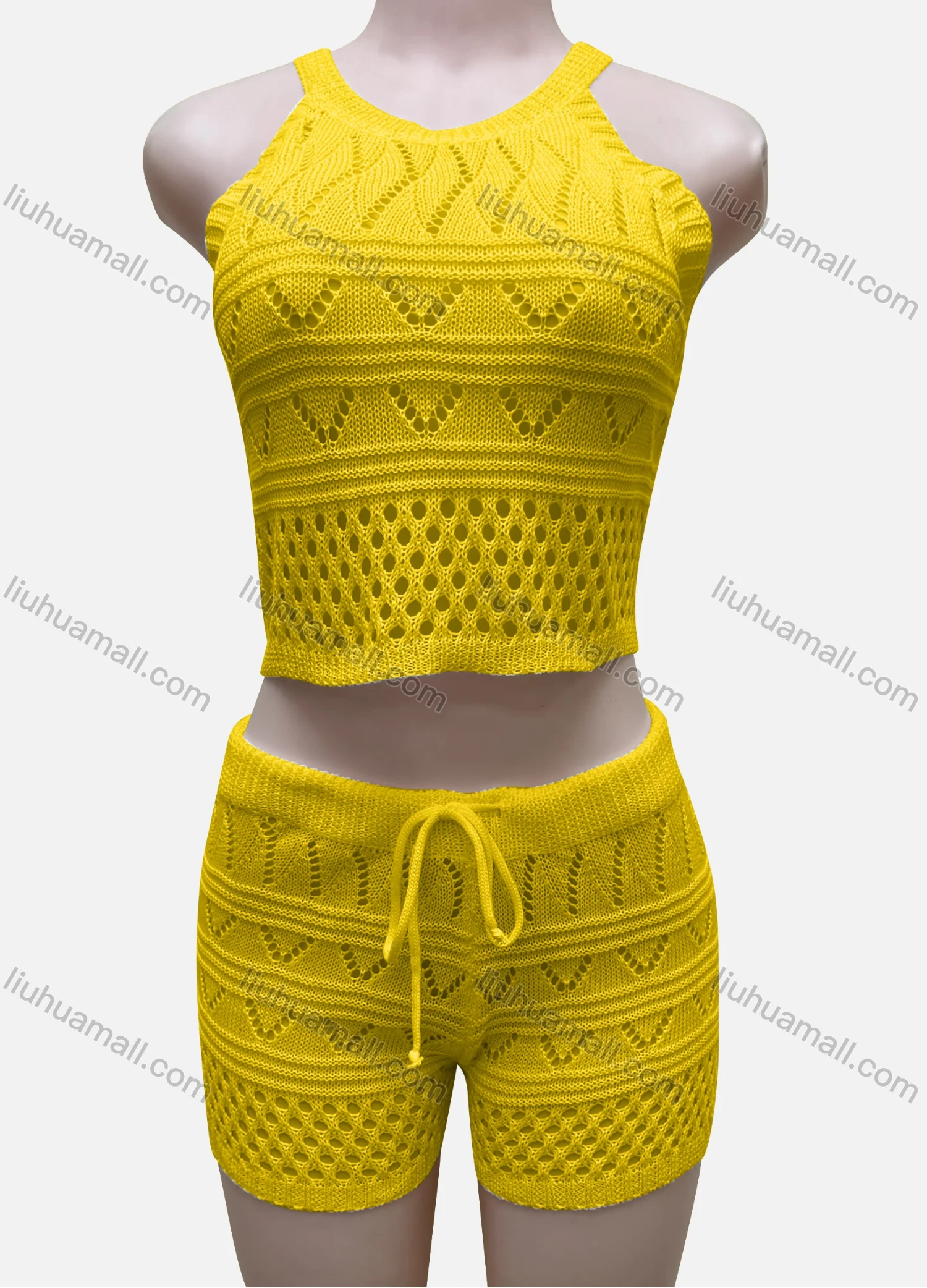 Wholesale Women's Vacation Plain Hollow Out Halter Crop Top & Drawstring Shorts Cover Up 2 Piece Set 80251# - Liuhuamall