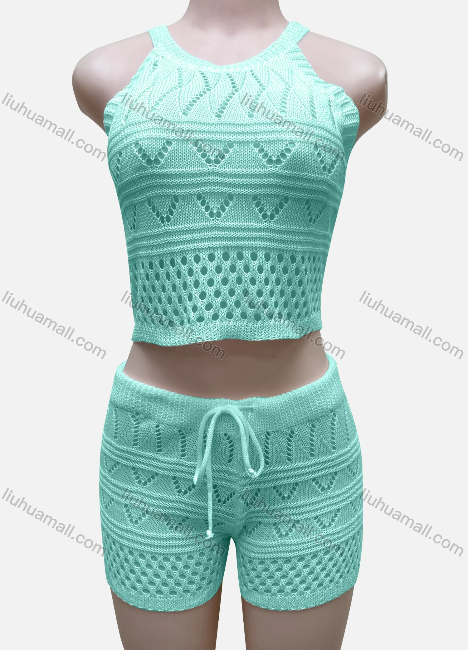 Wholesale Women's Vacation Plain Hollow Out Halter Crop Top & Drawstring Shorts Cover Up 2 Piece Set 80251# - Liuhuamall