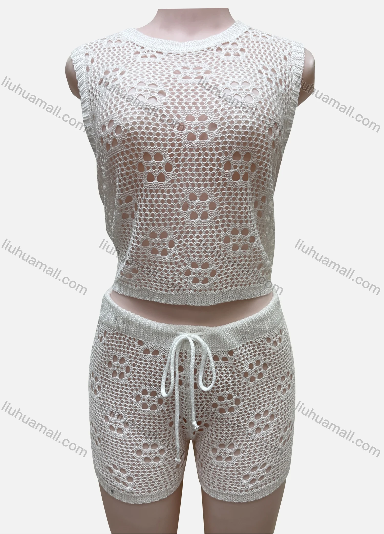 Wholesale Women's Vacation Plain Crew Neck Hollow Out Sleeveless Top & Drawstring Shorts Cover Up 2 Piece Set 80252# - Liuhuamall