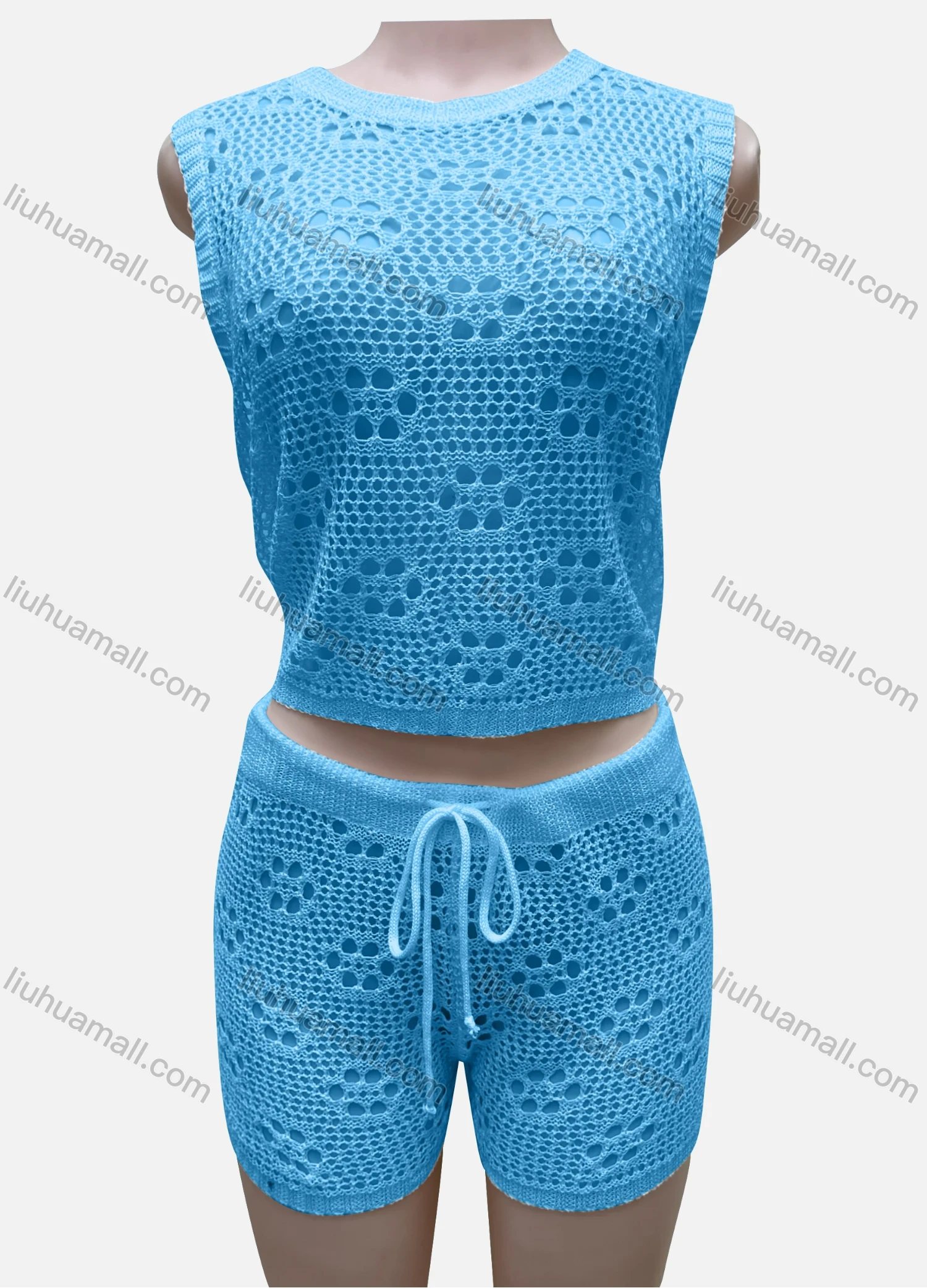 Wholesale Women's Vacation Plain Crew Neck Hollow Out Sleeveless Top & Drawstring Shorts Cover Up 2 Piece Set 80252# - Liuhuamall