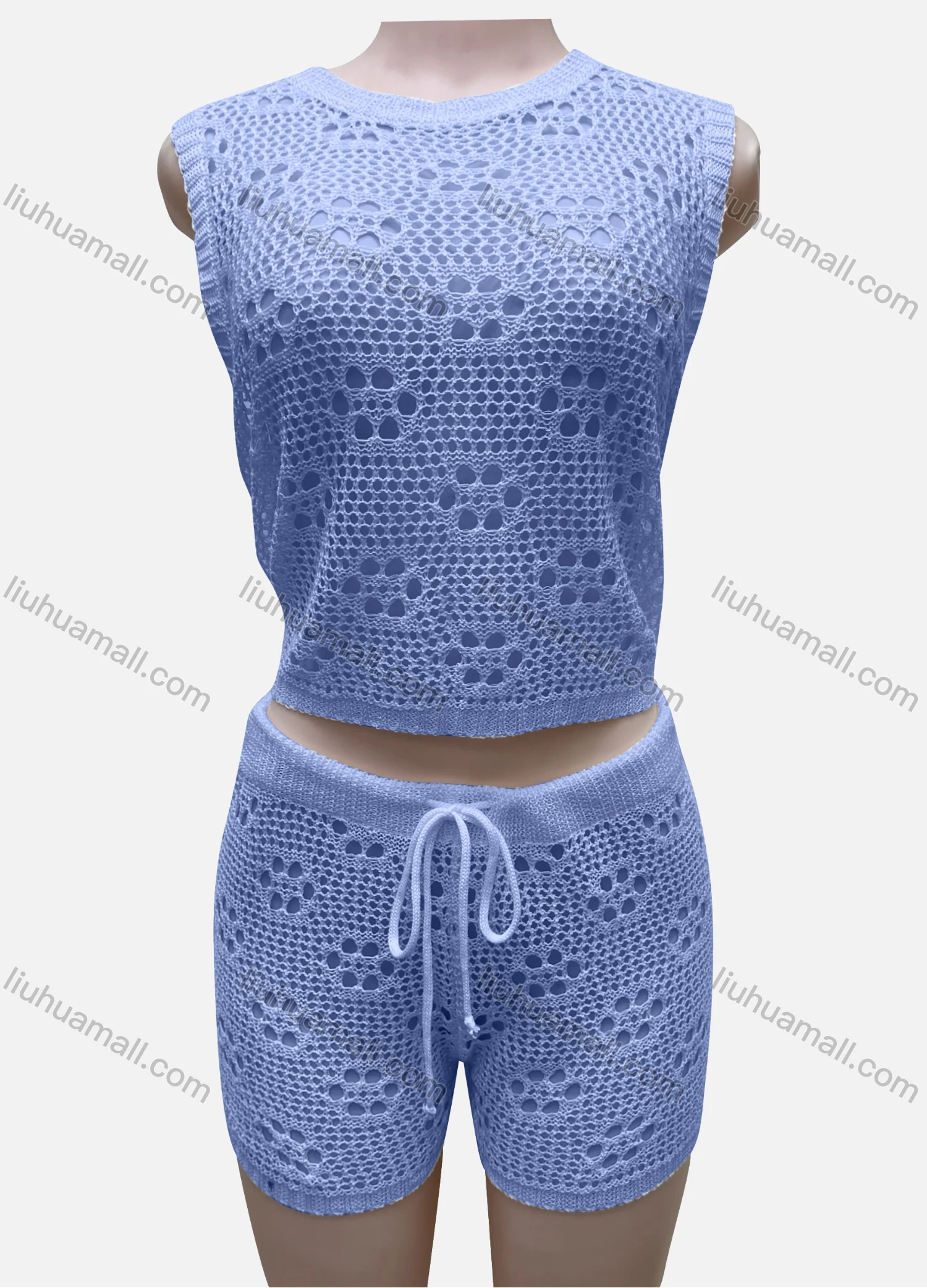 Wholesale Women's Vacation Plain Crew Neck Hollow Out Sleeveless Top & Drawstring Shorts Cover Up 2 Piece Set 80252# - Liuhuamall