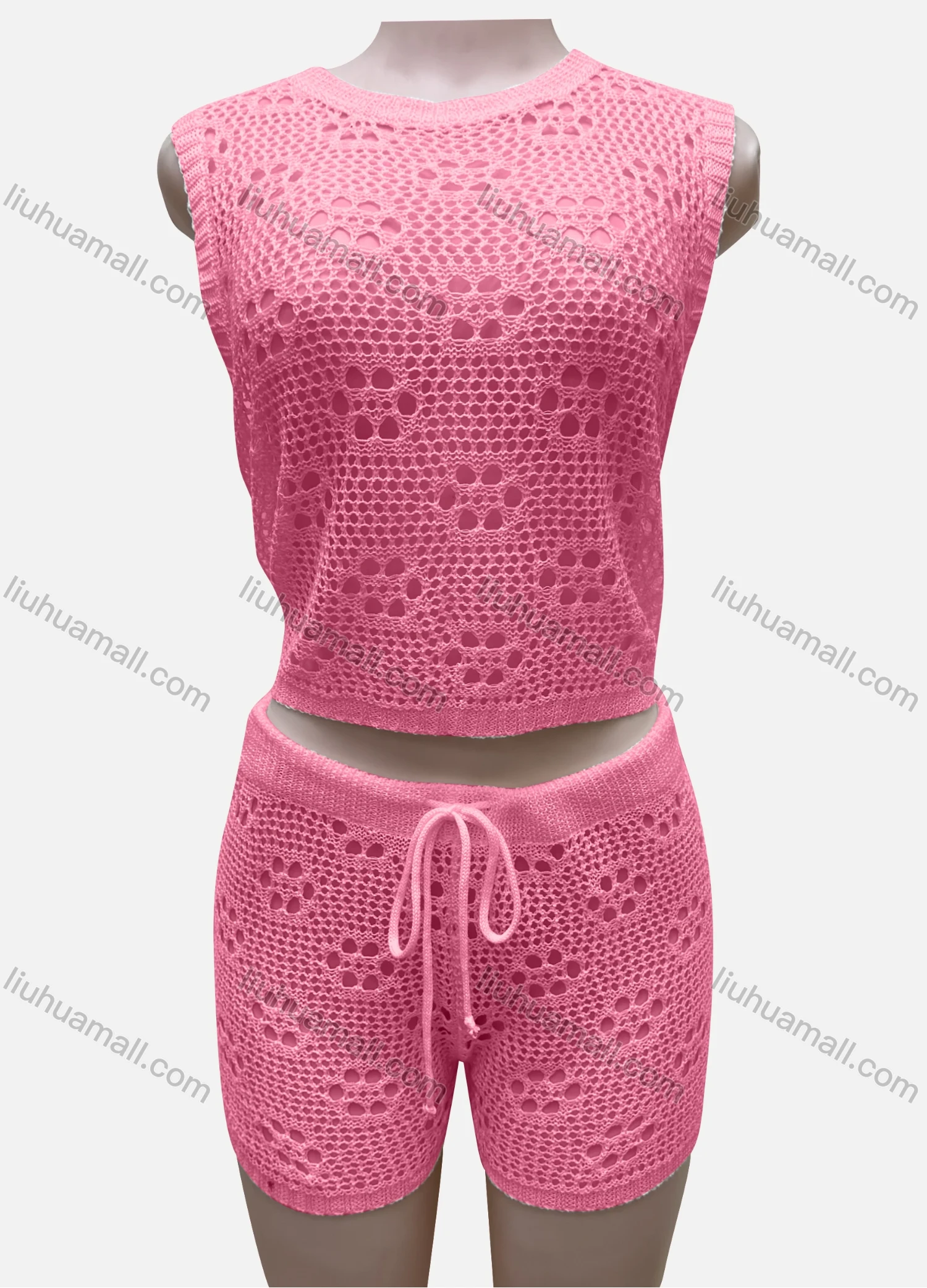 Wholesale Women's Vacation Plain Crew Neck Hollow Out Sleeveless Top & Drawstring Shorts Cover Up 2 Piece Set 80252# - Liuhuamall