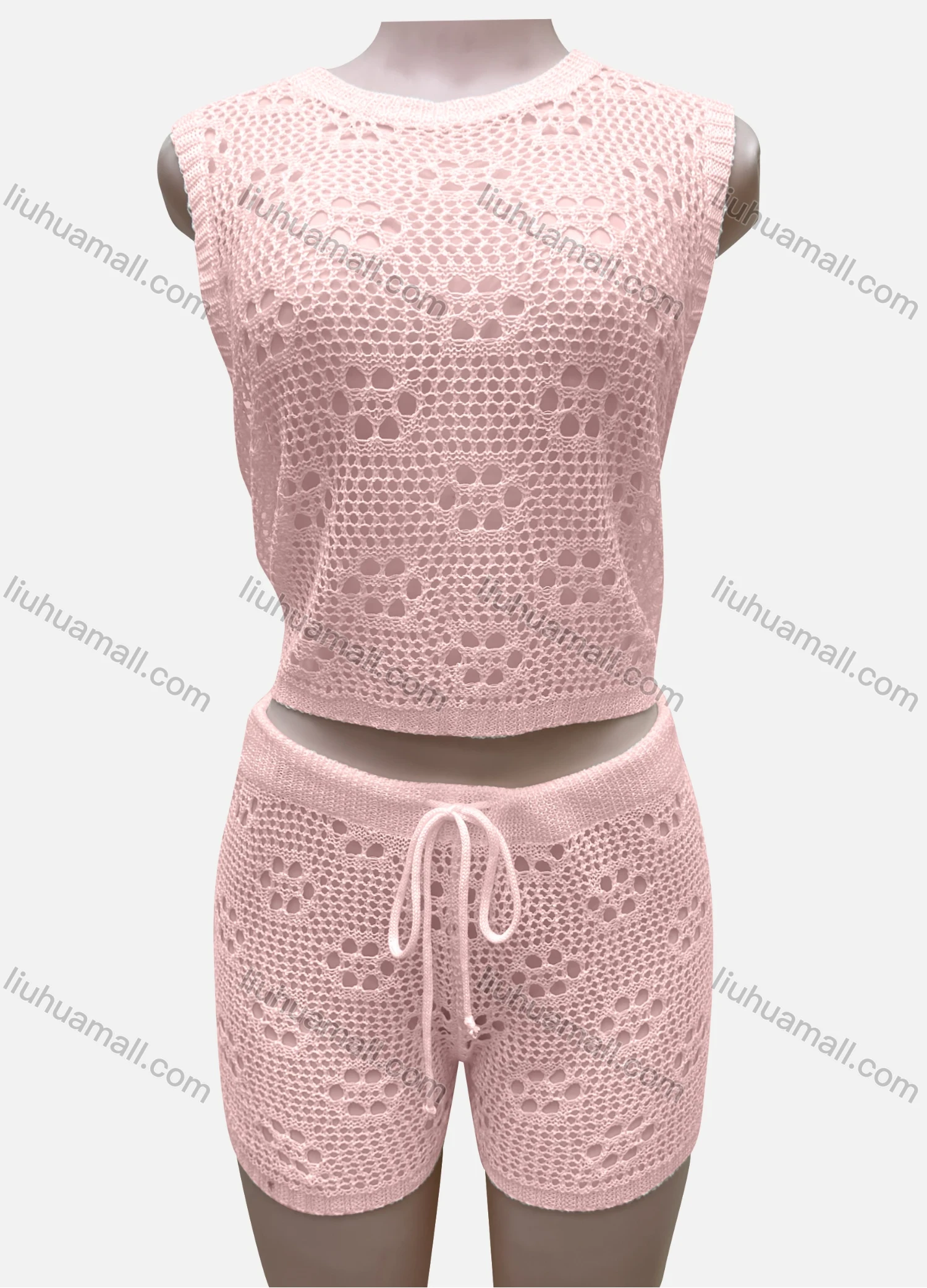 Wholesale Women's Vacation Plain Crew Neck Hollow Out Sleeveless Top & Drawstring Shorts Cover Up 2 Piece Set 80252# - Liuhuamall