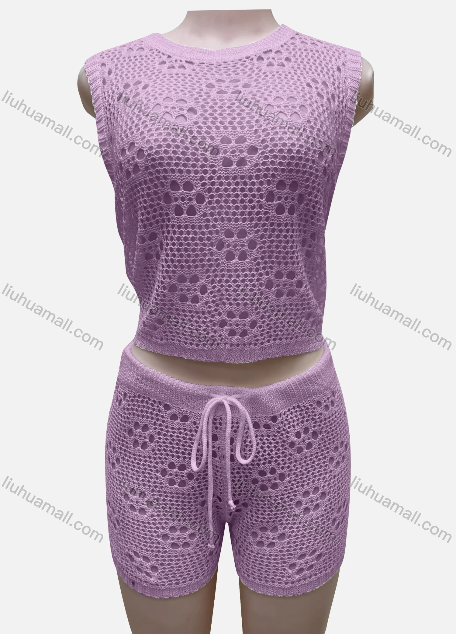 Wholesale Women's Vacation Plain Crew Neck Hollow Out Sleeveless Top & Drawstring Shorts Cover Up 2 Piece Set 80252# - Liuhuamall